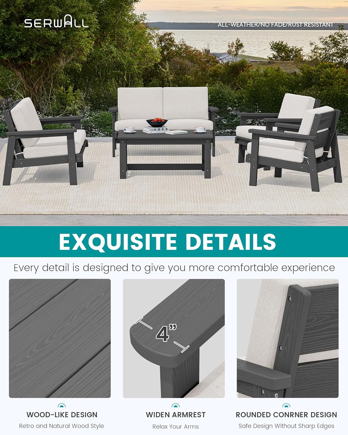 SERWALL HDPE Patio Furniture Set, 5 Piece All Weather Wood-Like Sectional Outdoor Furniture Set, Grey Patio Sofa Couch with Khaki Cushions for Deck, Lawn