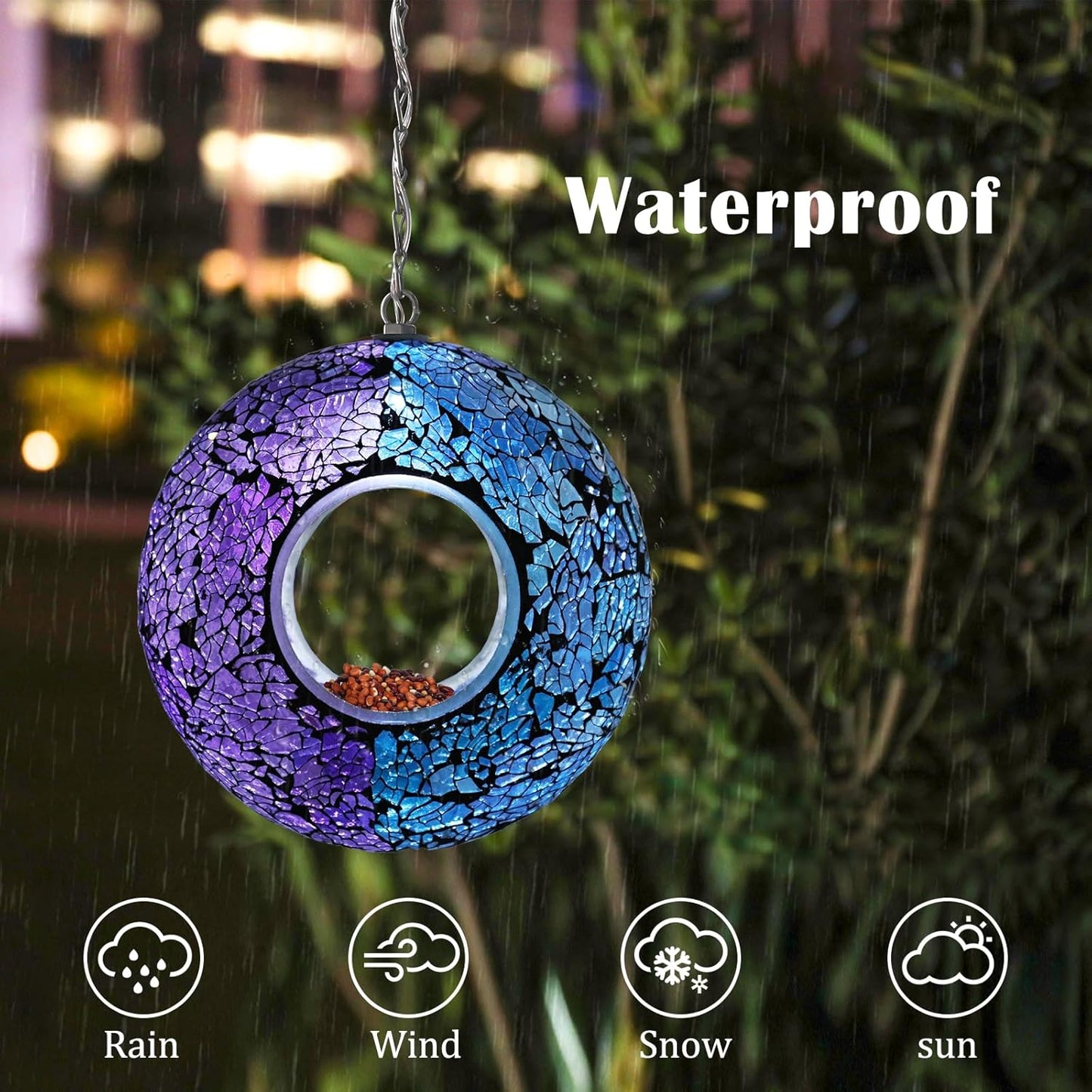 VCUTEKA Mosaic Bird Feeder Solar Fly Through Birdfeeder for Outside Hanging Round Shape Glass Container to Attract More Wild Bird Feeders for Garden Decor as Gift for Bird Lovers, 8-Inch