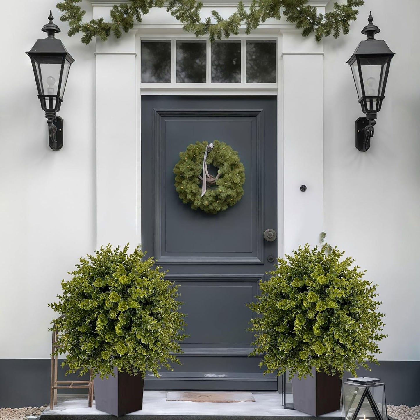 ICX 2 Set 25" Artificial Eucalyptus Topiary Ball Trees with Ground Spike,Artificial Plants Outdoor,Fake Bushes & Shrubs for Porch, Garden, Front Porch Decor - Indoor/Outdoor Faux Plants