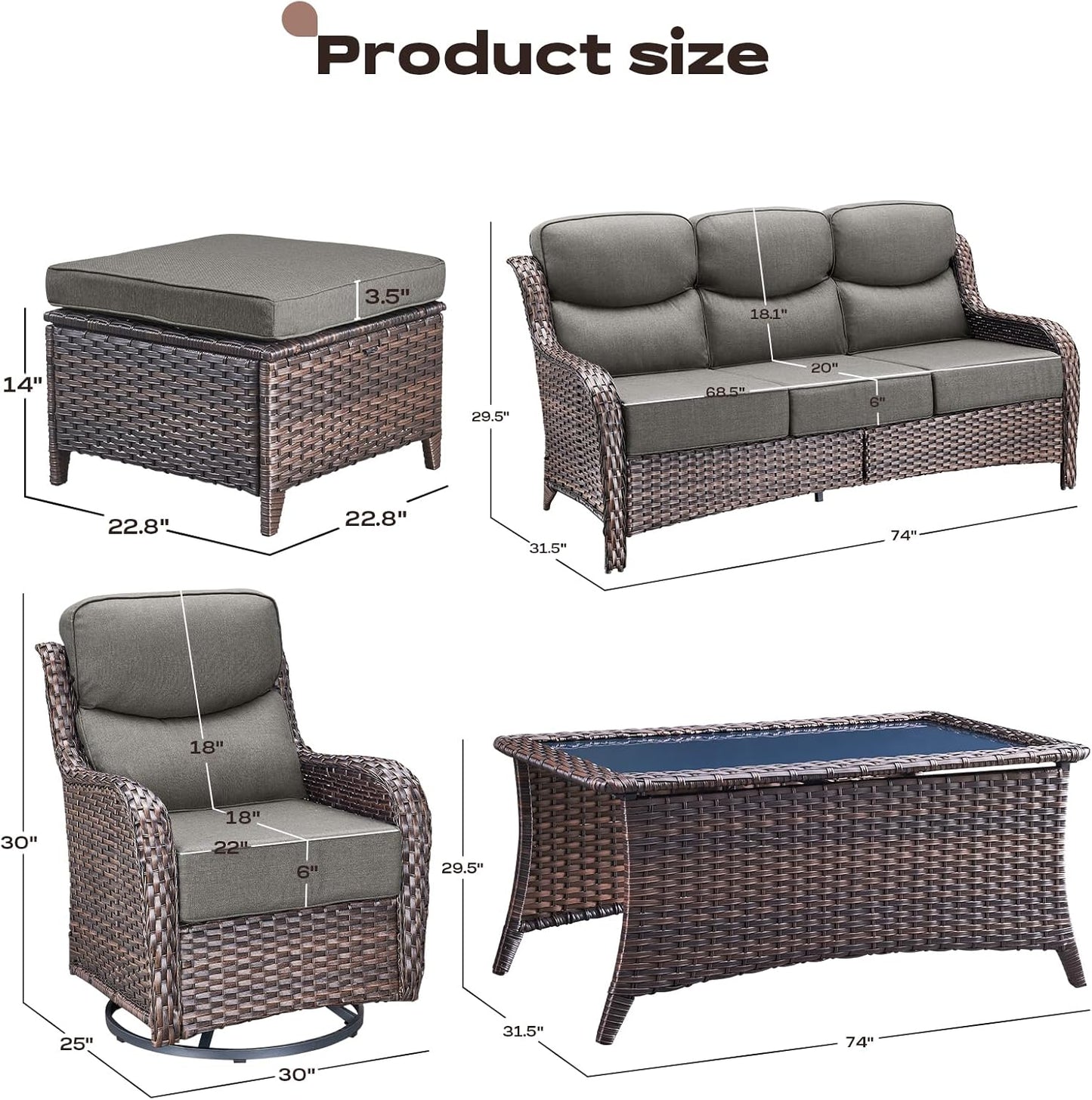 Wicker Outdoor Patio Furniture Set - 6 Piece Patio Conversation Sets with Swivel Rocker Chairs, Ottomans, Sofa and Coffee Table, 6 inch Cushions, Deep Seating, for Porch Deck Brown/Grey