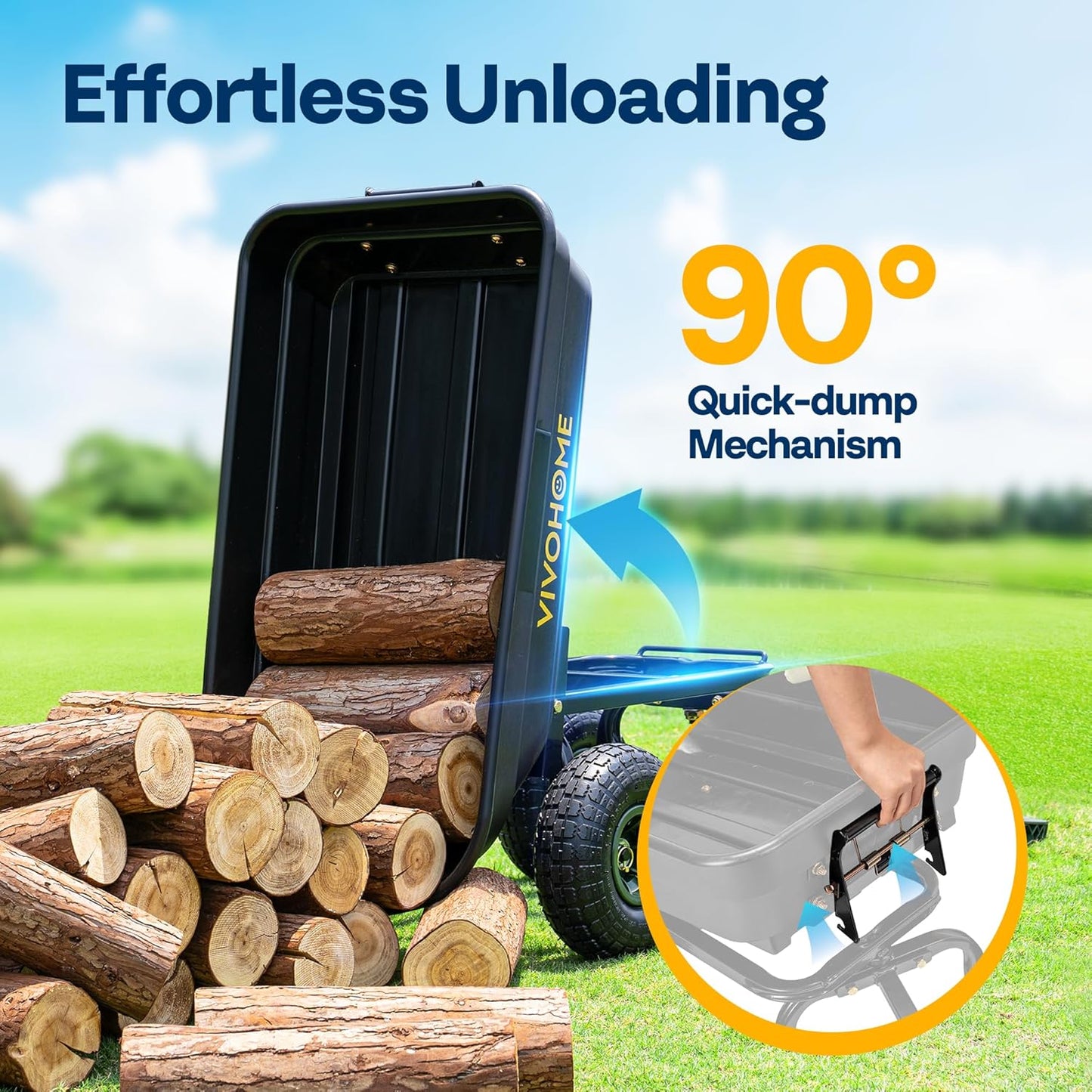 VIVOHOME 4 Cu.Ft 660lbs Wheelbarrow Garden Cart Dump Wagon with 2-in-1 Convertible Handle Attach to ATV or Tractor, 10" All Terrain Wheels, Quick Release System, Heavy Duty Utility Trailer for Yard