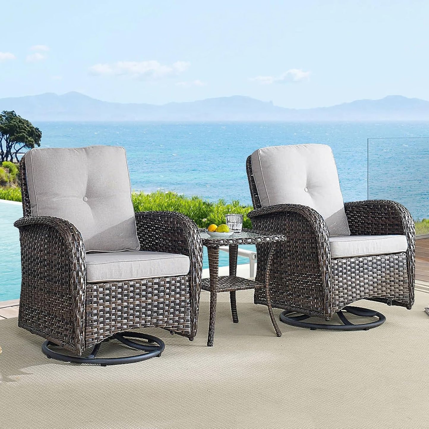 HUMMUH 6-Piece Patio Furniture PE Wicker Outdoor Conversation Set,All-Weather Rattan Swivel Rocker Chairs Outdoor Couch Ottomans for Backyard,Poolside,Deck