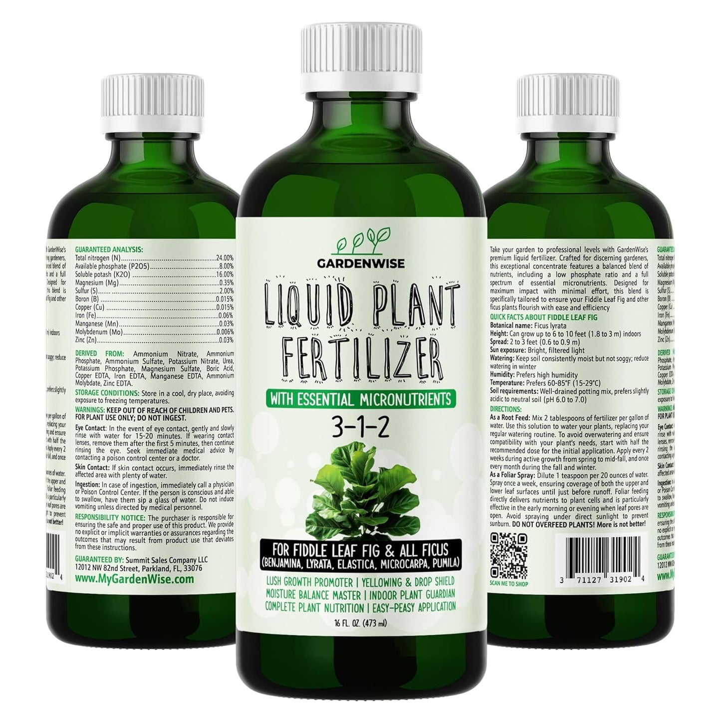3-1-2 Liquid Fertilizer Concentrate with Micronutrients - Optimal Fiddle Leaf Fig Plant Food, Ideal for Ficus Lyrata & Fig Trees, Gold Leaf Enhanced Indoor Plant Fertilizer (16 OZ)