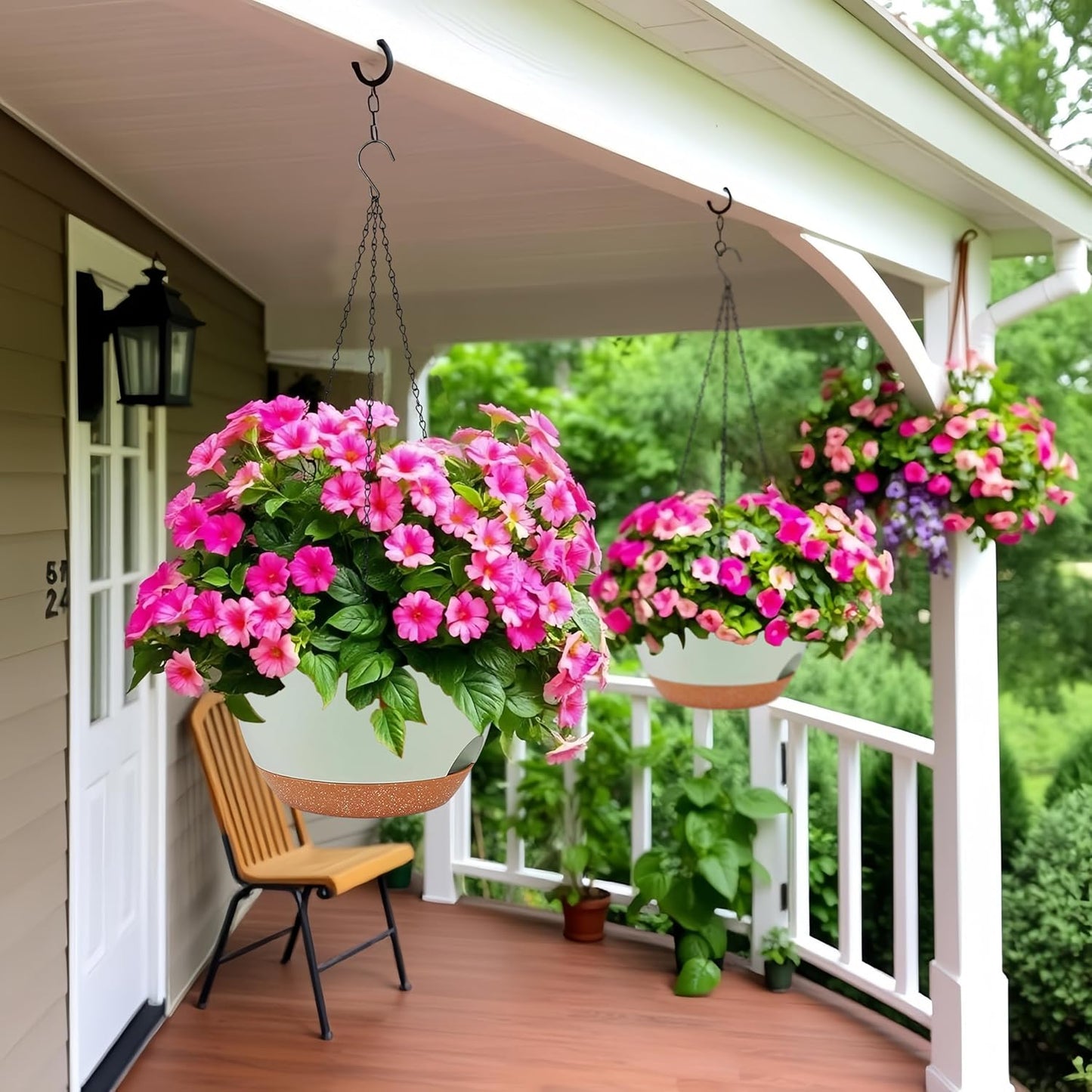 2 Pack 12 Inch Large Hanging Planters with Chains Self Watering Green Brown Plastic Hanging Pots for Indoor Outdoor Plants, Garden Porch Home Decor,Green Brown