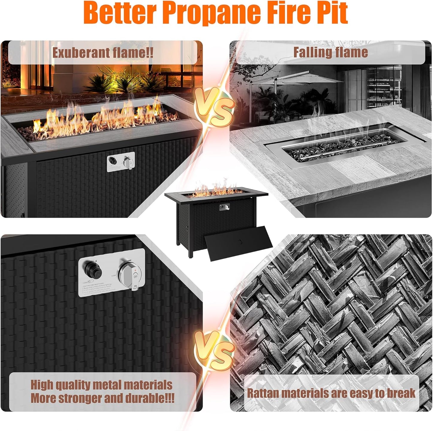 Walsunny 45 inch Outdoor Propane Fire Pit 50,000 BTU Gas Fire Pit Table with Lid, Lava Rock, Waterproof Cover, Rectangle Gas Firepit Table for Garden/Patio, CSA Certification