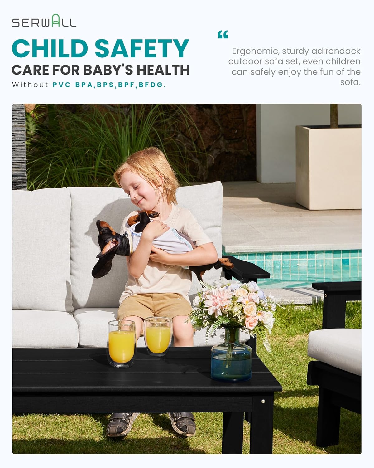 SERWALL Patio Conversation Sets, 7 Piece, Black Frame with Khaki Cushions