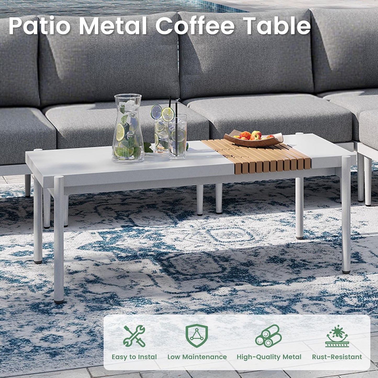 Sundale Outdoor Modern Metal Outdoor Coffee Table with Slatted Wood-Look Tabletop Design, Weather-Resistant Patio Side Table for Garden, Balcony, Poolside(White)