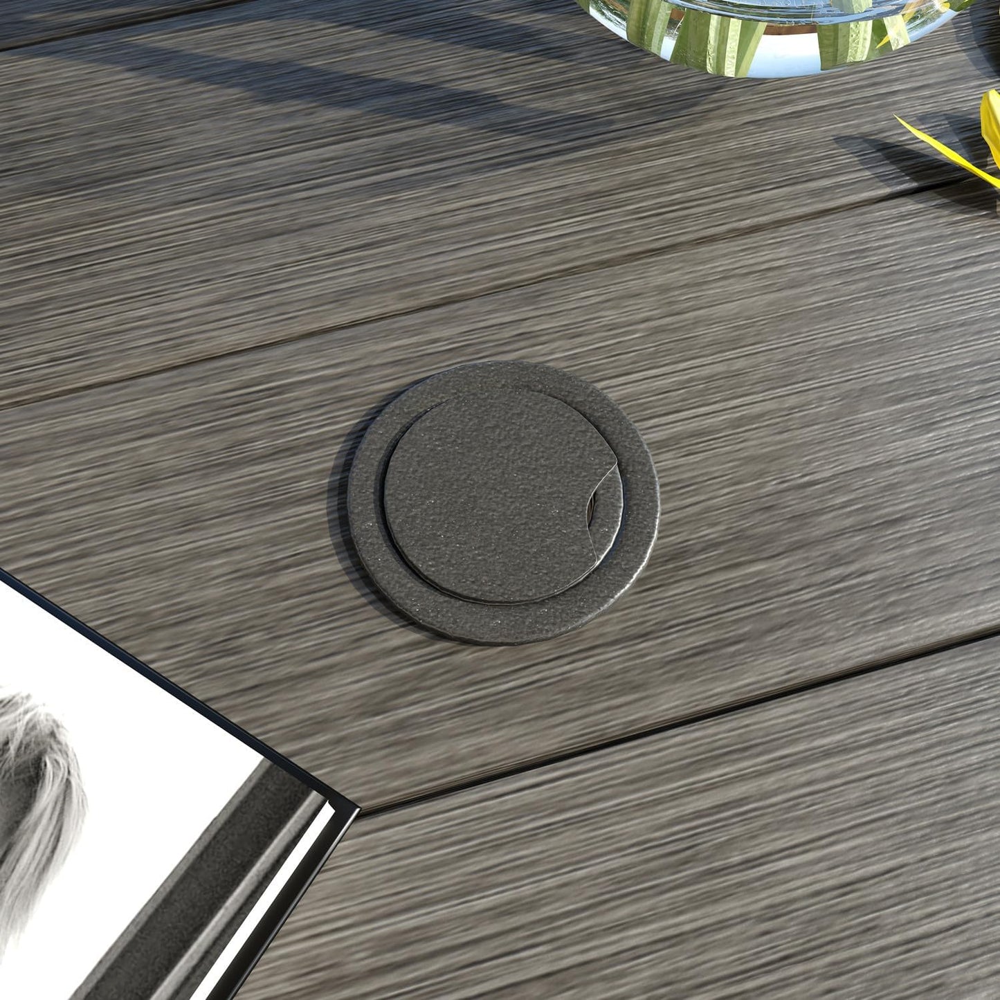 VICLLAX 53" Outdoor Round Patio Table for Lawn Garden, All Weather Metal Round Patio Dining Table with Adjustable Umbrella Hole, Patio Table for 8 Person, Grey Wood-Like Tabletop