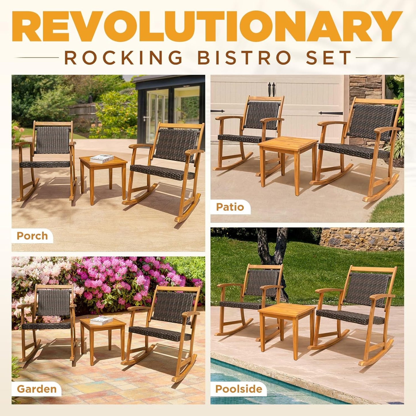 IDZO Solid Wood Wicker Rocking Chairs Set of 2 with End Table