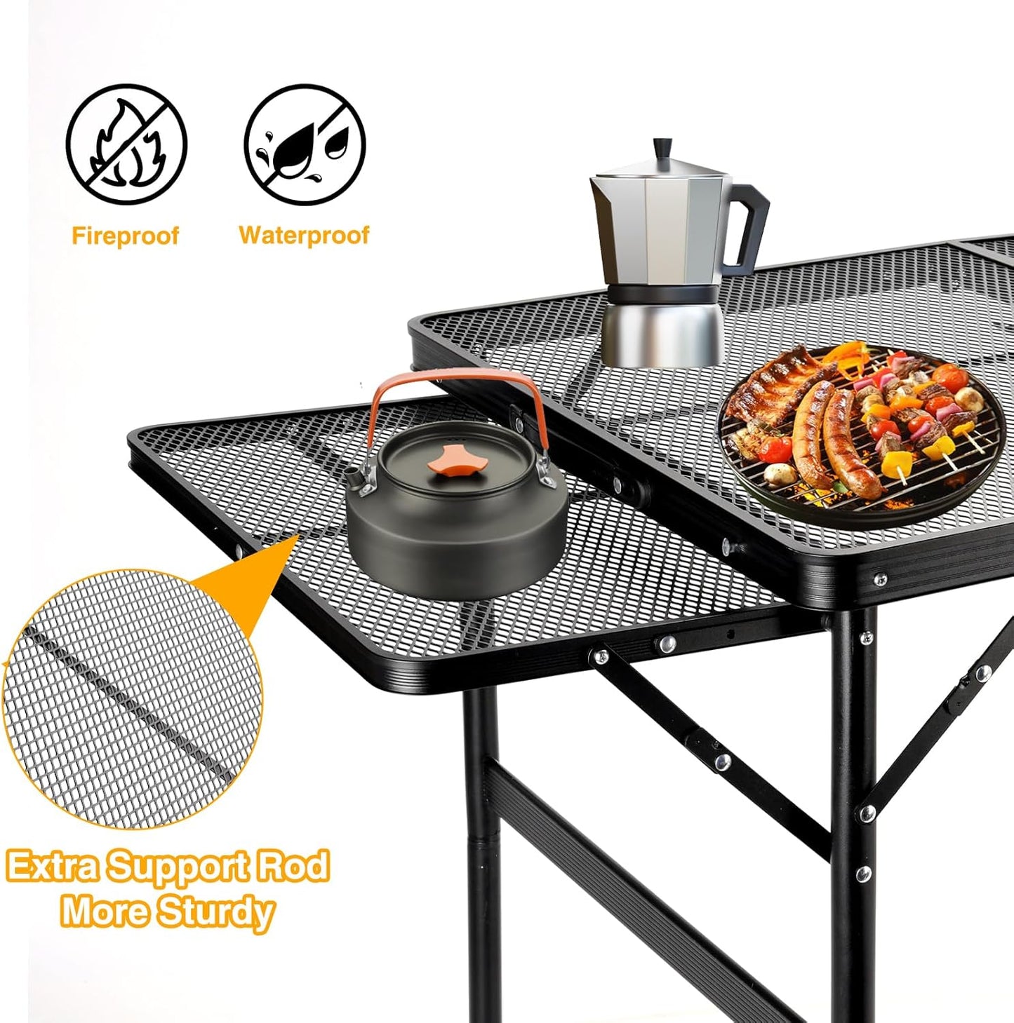 Grill Table 3FT+1.4 FT Folding Table with 2 Wing Panels with Mesh Desktop 2 Height Adjustable Portable Grill for Outdoor Indoor Beach BBQ Picnic Travel RV Black