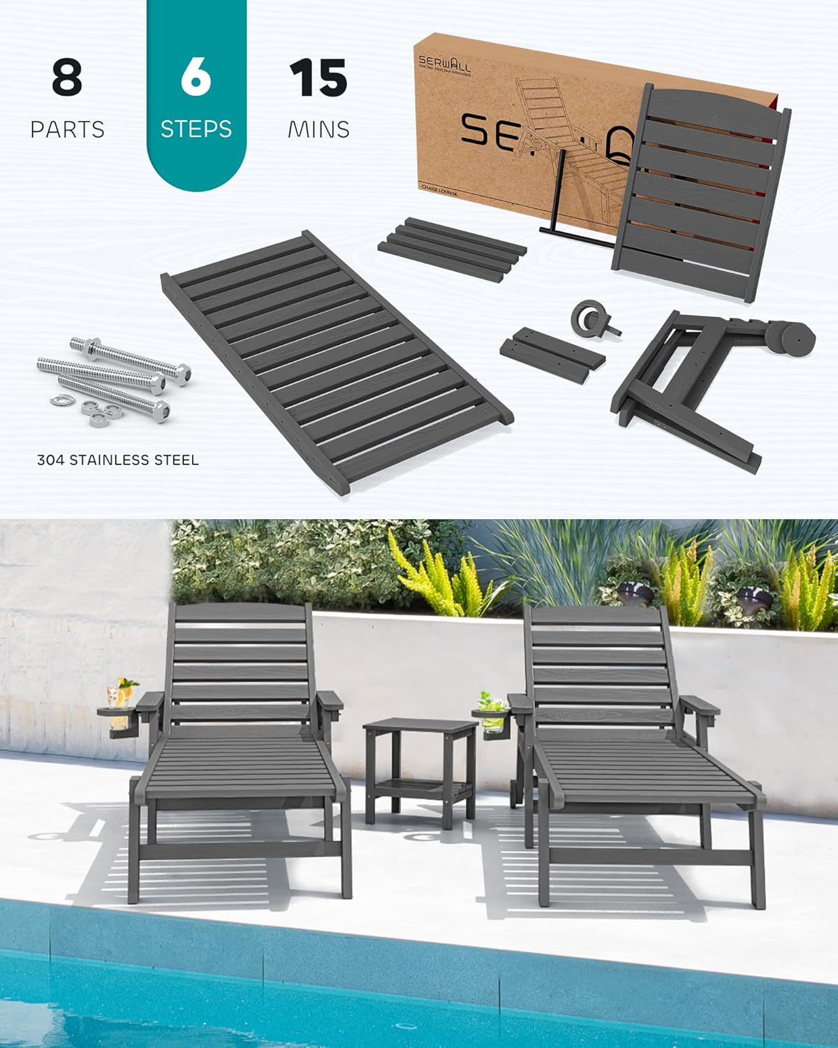 SERWALL Patio Chaise Lounge Chair Set of 6, 5 Positions Adjustable Poly Outdoor Lounge Chair for Pool, HDPE Lounge Chair with Rolling Wheels & Cup Holder for Poolside, Deck, Slate Gray