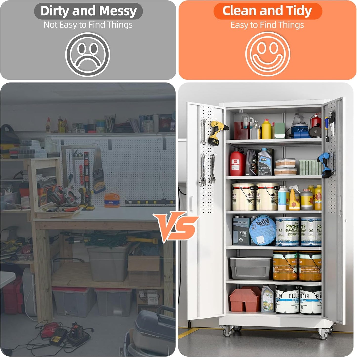 Aobabo 71" H×32" W×16" D Metal Storage Cabinet with Wheels, Garage Steel Storage Cabinet with 5 Adjustable Shelves and 4 Hooks for Home Office, Kitchen, Assembly Required, White