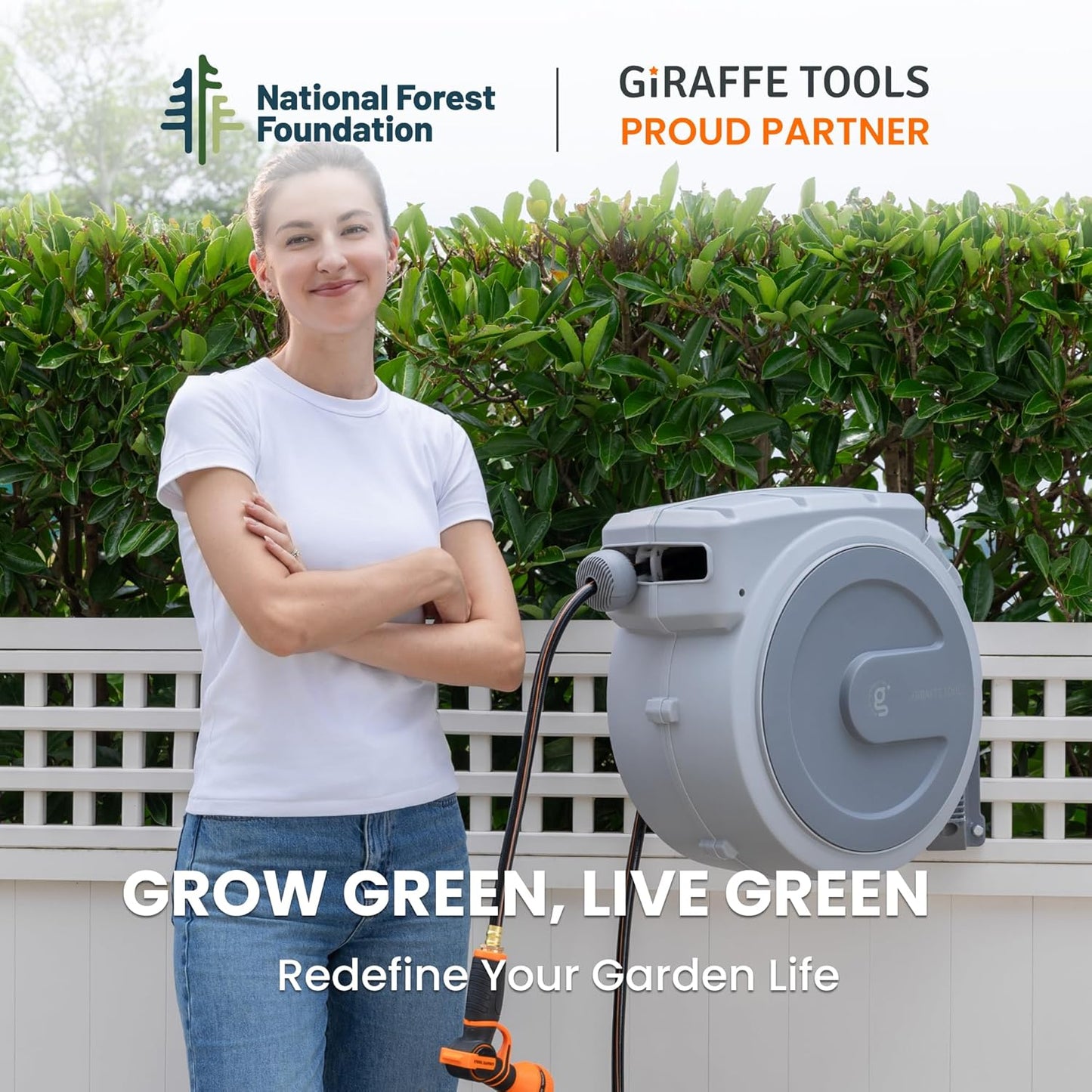 Giraffe Tools Retractable Garden Hose Reel, 5/8 in x 90 ft Heavy Duty Hose Reel With 9 Pattern Nozzle, Any Length Lock, Wall Mount Water Hose Reel, 180°Swivel, Light Grey