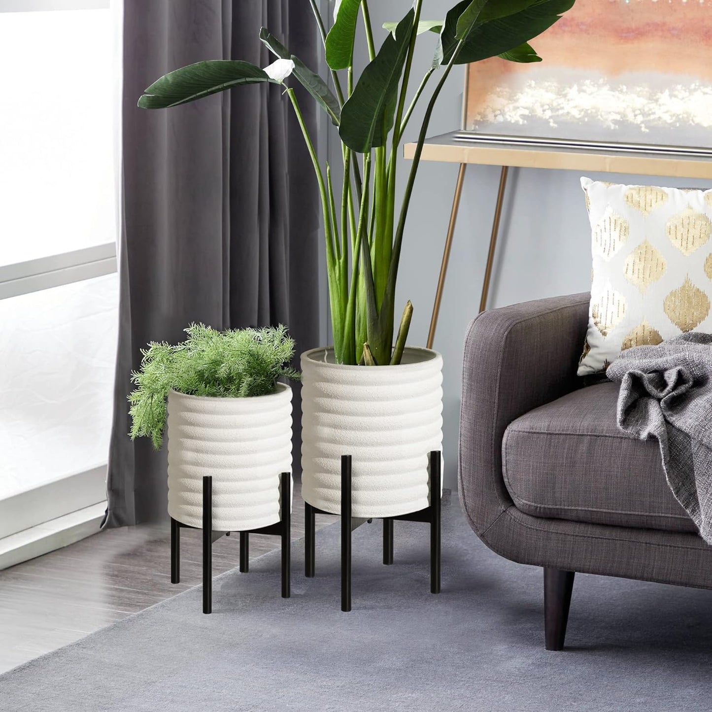 Oakrain Plants Pots with Stand, Set of 2 Indoor Planter Pots, Mid-Century Decorative Metal Flower Pots with Drainage for Living Room, Office, Garden, Balcony, 8"&10", White