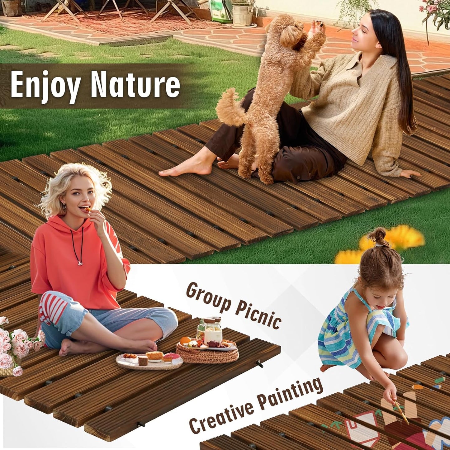 12FT Wooden Garden Pathway,Outdoor Roll Out Decorative Straight Walkway,Weather-Resistant Patio Path,Non-Slip Pavers Boardwalk for Garden, Backyard, Beach, Wedding Party Pathways