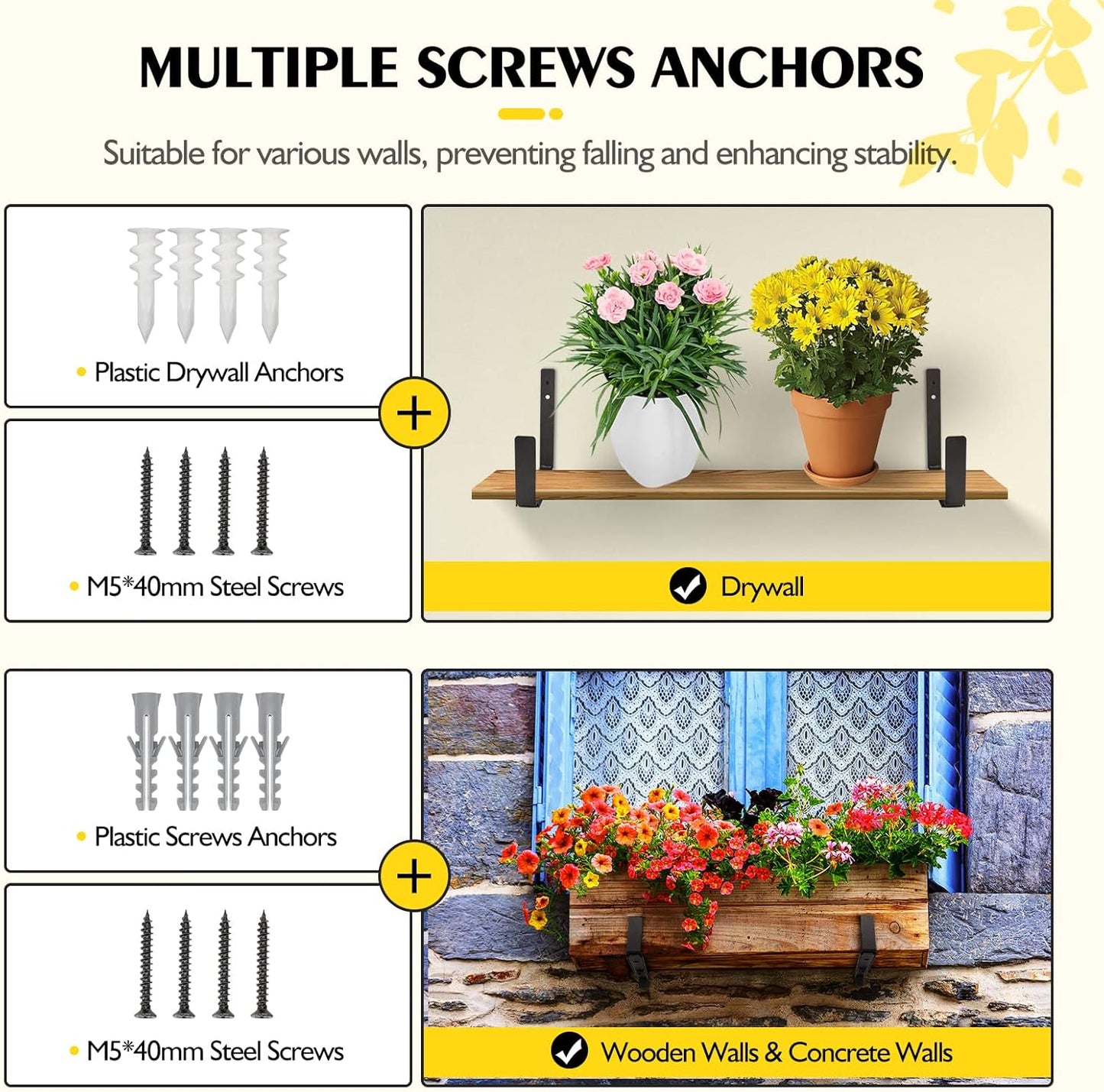 LukLoy Window Box Brackets, 4 Pack Adjustable Heavy Duty Wall Mount Flower Box Holder (6 to 12 in), with 70lbs Capacity, Black