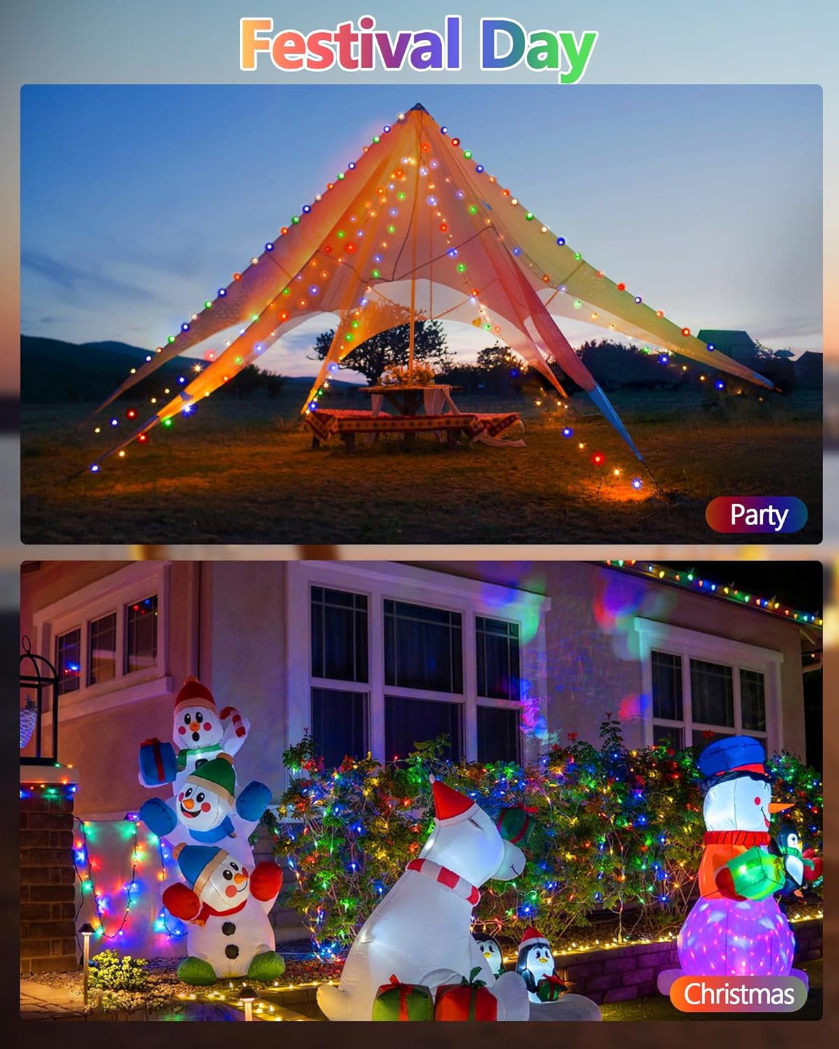 6 Pack Solar Christmas Lights Outdoor, 600 LED 198 FT Solar Powered String Lights Waterproof with Green Wire 8 Lighting Modes, Twinkle Light for Xmas Tree Party Yard Garden Decor, Multicolored