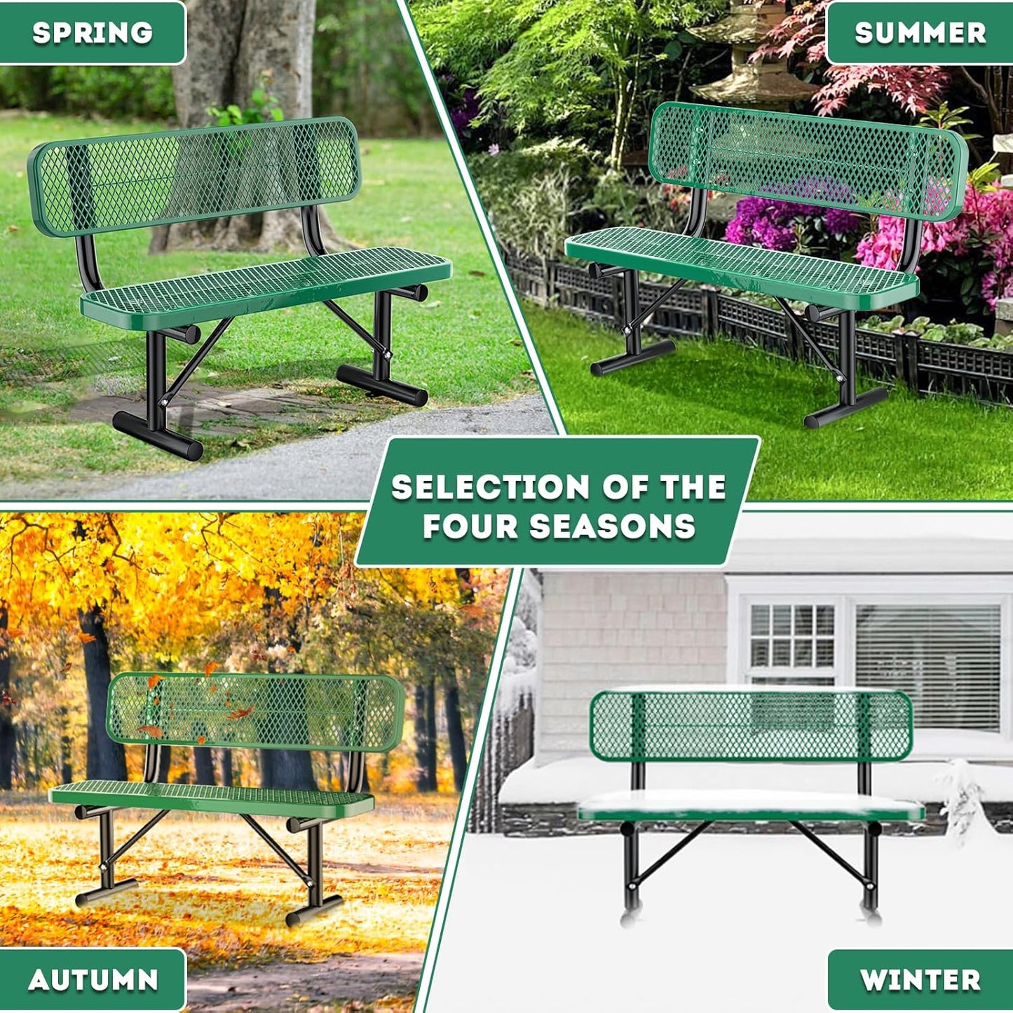 4Ft Outdoor Bench with Back Portable Frame, Outdoor Steel Park Bench with Backrest, Expanded Metal Mesh Bench for Outside, Lawn, Backyard, Park, Deck, Garden, Patio, Porch, Green