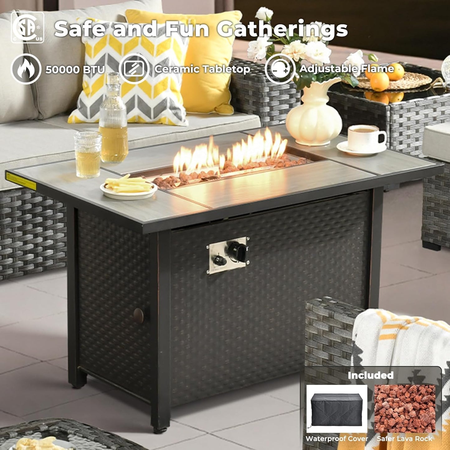 ovios 7 Pieces Patio Furniture Set, Outdoor Wicker Sectional Sofa with 42 Inch Fire Pit Table Comfy Cushions, Modern Modular Deep Seat Rattan Couch Conversation Set, Beige