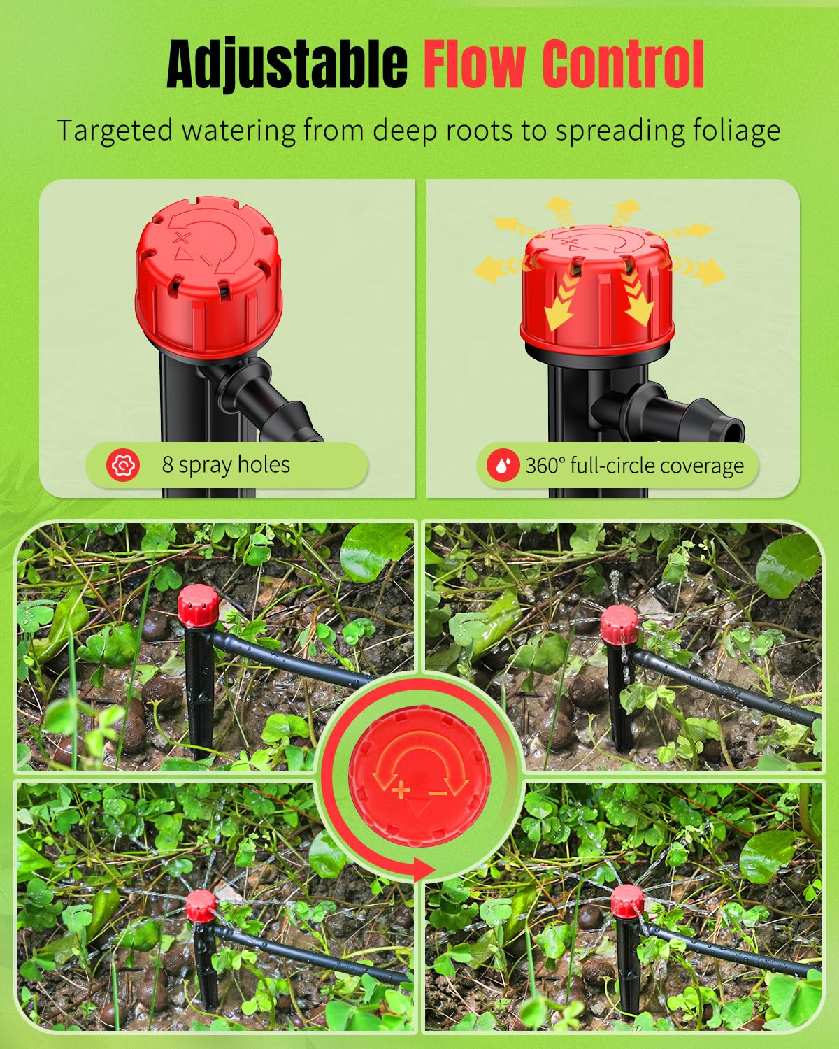 Pawfly 100 Pcs Drip Irrigation Emitters, Drip Emitters with Adjustable 360 Degree Water Flow, Garden Drippers for Plants Watering System, Sprinkler Heads for 1/4" Drip Irrigation Tubing