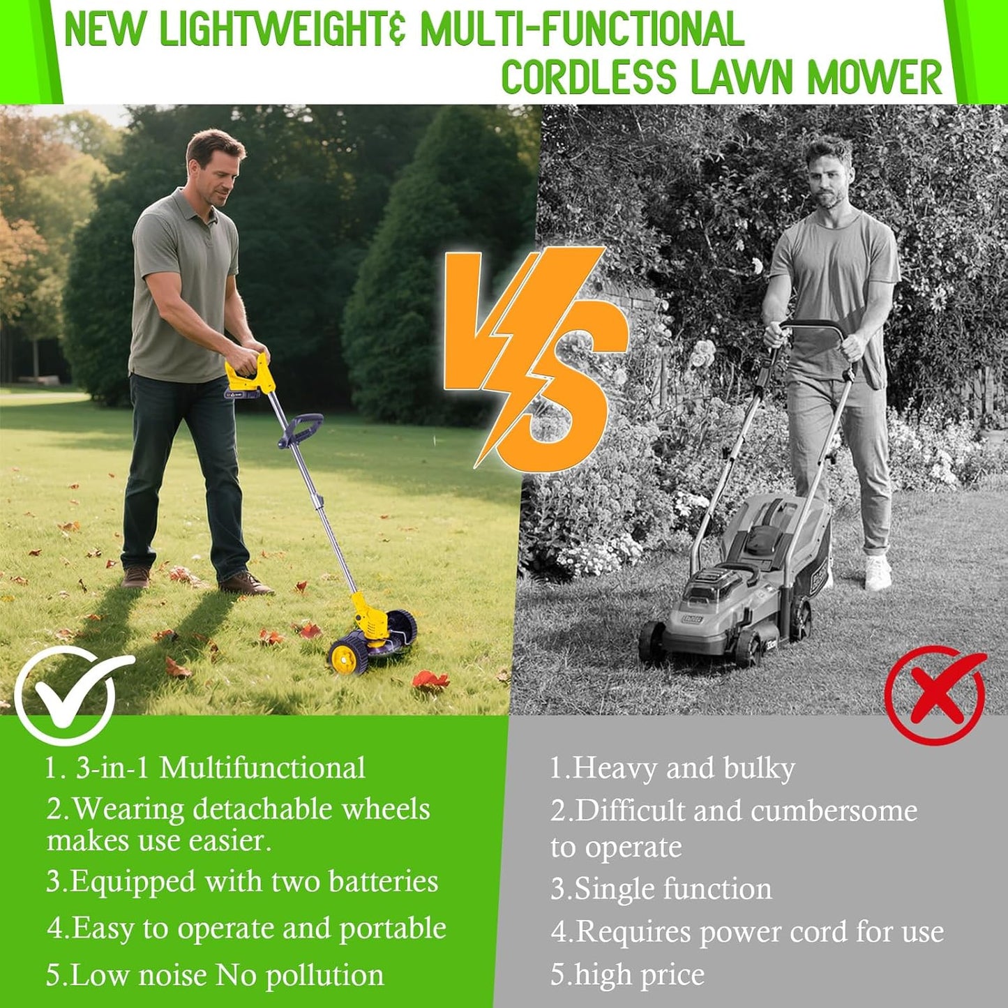 Weed Wacker Cordless Adjustable Weed Eaters 3 in 1 Electric String Trimmer Lawn with Two Battery with Charger Comes with Multiple Blades for Yard,Green,Garden(Yellow)