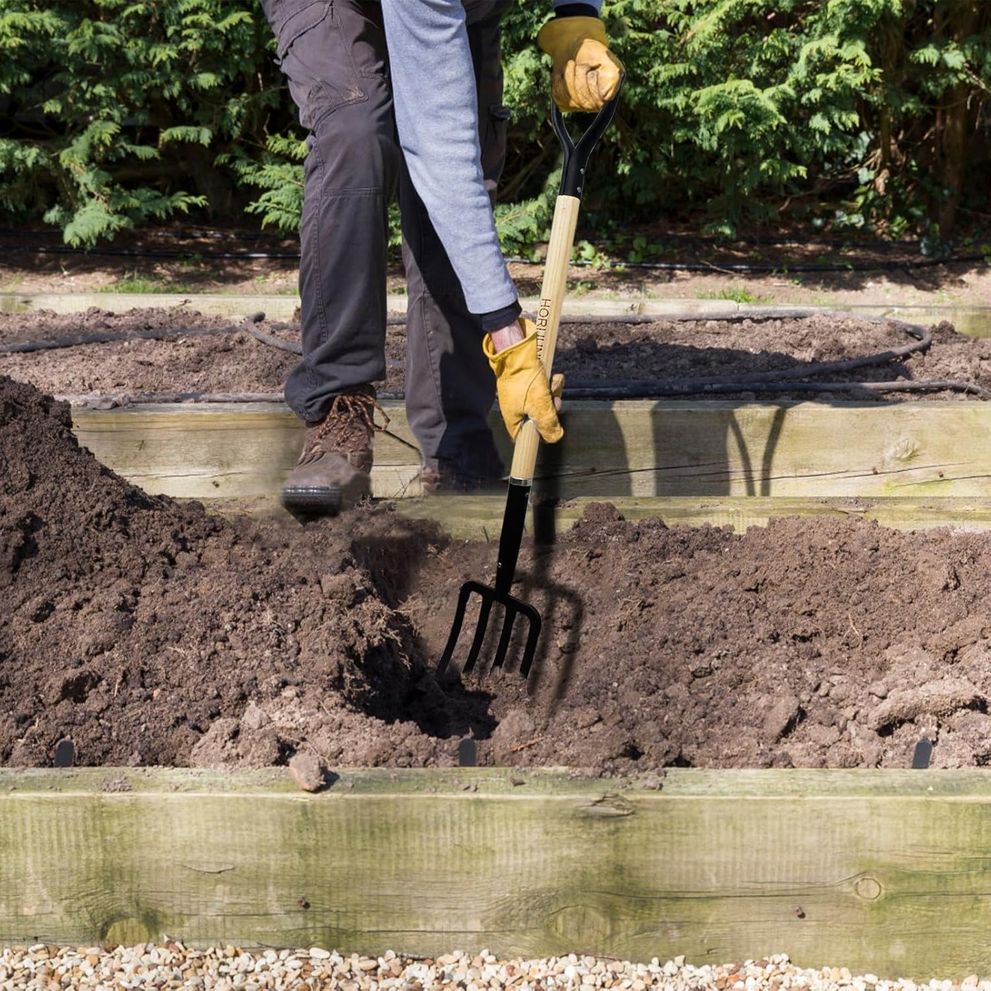 Garden Fork,4-Tine Pitchfork,Spading Digging Fork,Forged Steel Y-Grip, Wood Handle,45Inch