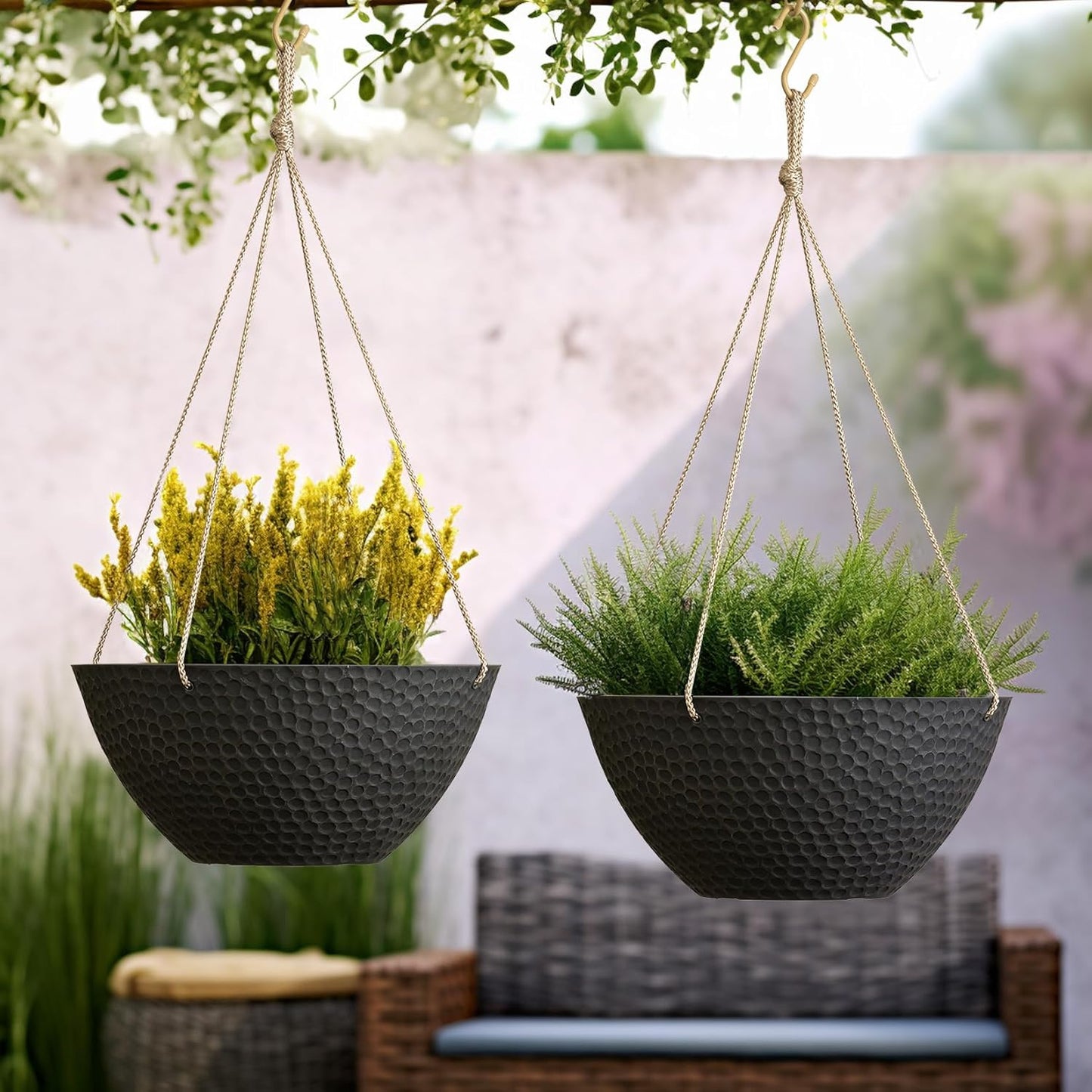 LA JOLIE MUSE Hanging Planters for Outdoor Plants, Large Hanging Planter with Drain Holes, Outdoor Hanging Flower Pots, Matte Black, Honeycomb (13.2 Inch, Set of 2)