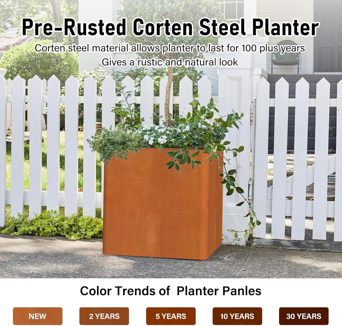 Corten Steel Large Square Planter 26"x26"x26, Cube Metal Planter Pot with Drainage Holes for Outdoor, Large Flower Pots for Patio Deck and Yard