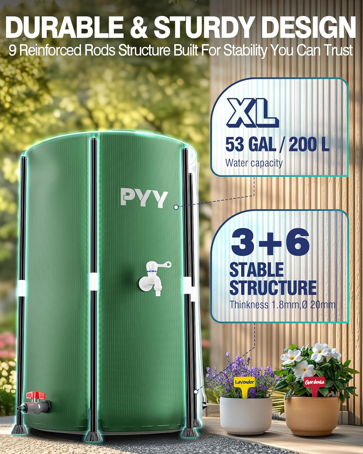 PYY Rain Water Collection Barrel - 53 Gallon Green Water Storage Tank with Spigots, Hose and Portable Bucket, Large Plastic Collapsible Rain Catcher Catchment System to Collect Rainwater from Gutter