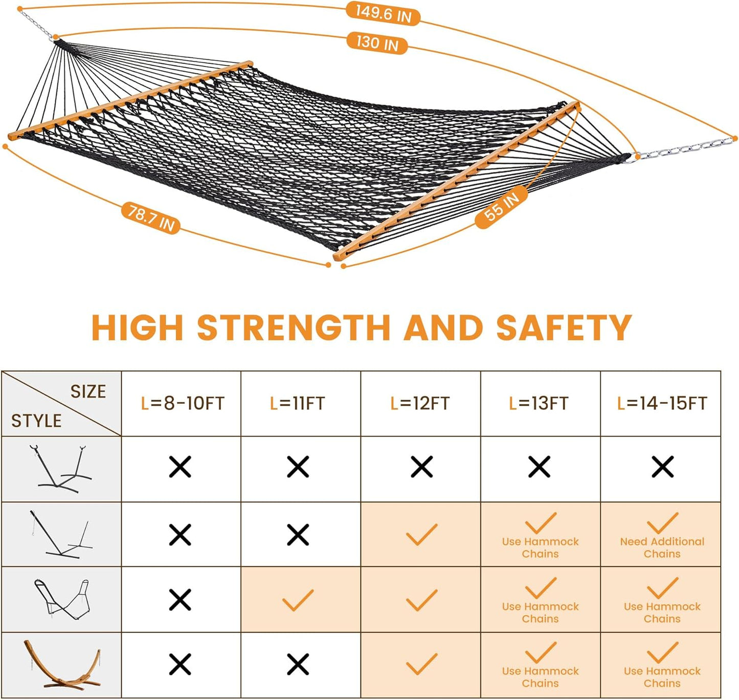 Lazy Daze Hammocks Double Rope Hammock, 2 Person Traditional Outdoor Hand Woven Cotton Rope Hammock with Spreader Bar, Chains, Tree Straps for Patio Yard - Max 450 Lbs, Dark Grey