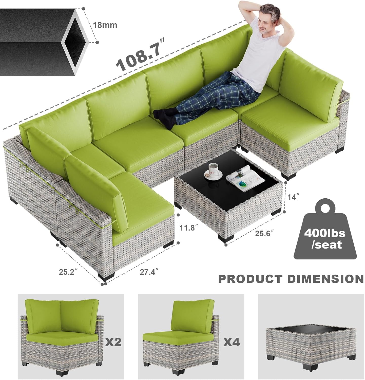 7-Piece Patio Furniture Set, Outdoor Sectional with Thick Cushions, Modular Patio Sofa, Dual-Strand Wicker Rattan, Rust-Resistant Frame, Backyard Furniture for Garden, Deck, Grass Green