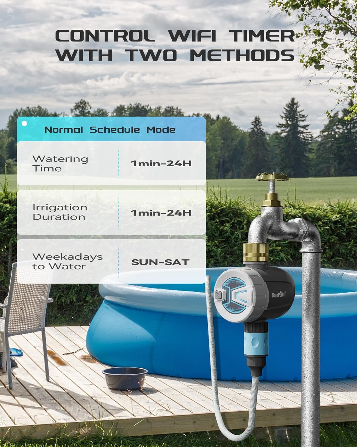 RAINPOINT WiFi Water Timer, Brass Inlet Smart Hose Faucet Timer, Automatic Irrigation System Controller for Yard Watering, APP Control via 2.4Ghz WiFi and Bluetooth (V2, 2025 Release)