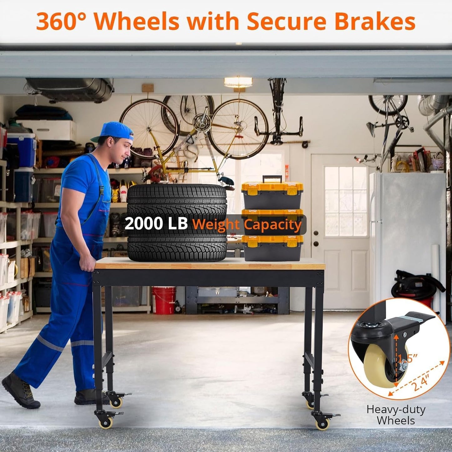 60'' Adjustable Workbench on Wheels, 2000LBS Heavy Duty Worktable with Power Outlets, Rubberwood Workstation for Workshop, Garage, Office, Home