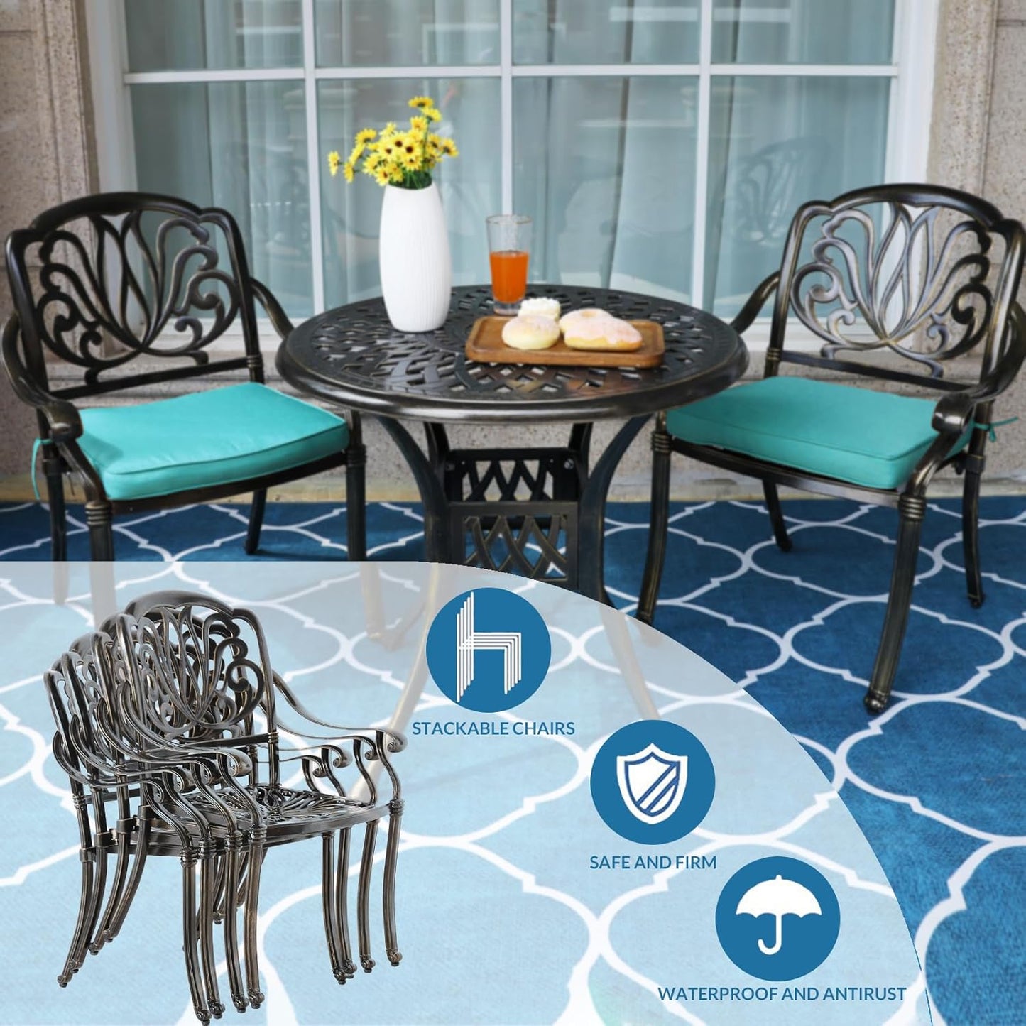 MEETWARM 3 Piece Patio Bistro Set, Outdoor All-Weather Cast Aluminum Dining Furniture Set Includes 2 Cushioned Chairs and a 31” Round Table with Umbrella Hole for Garden Deck, Ocean Blue