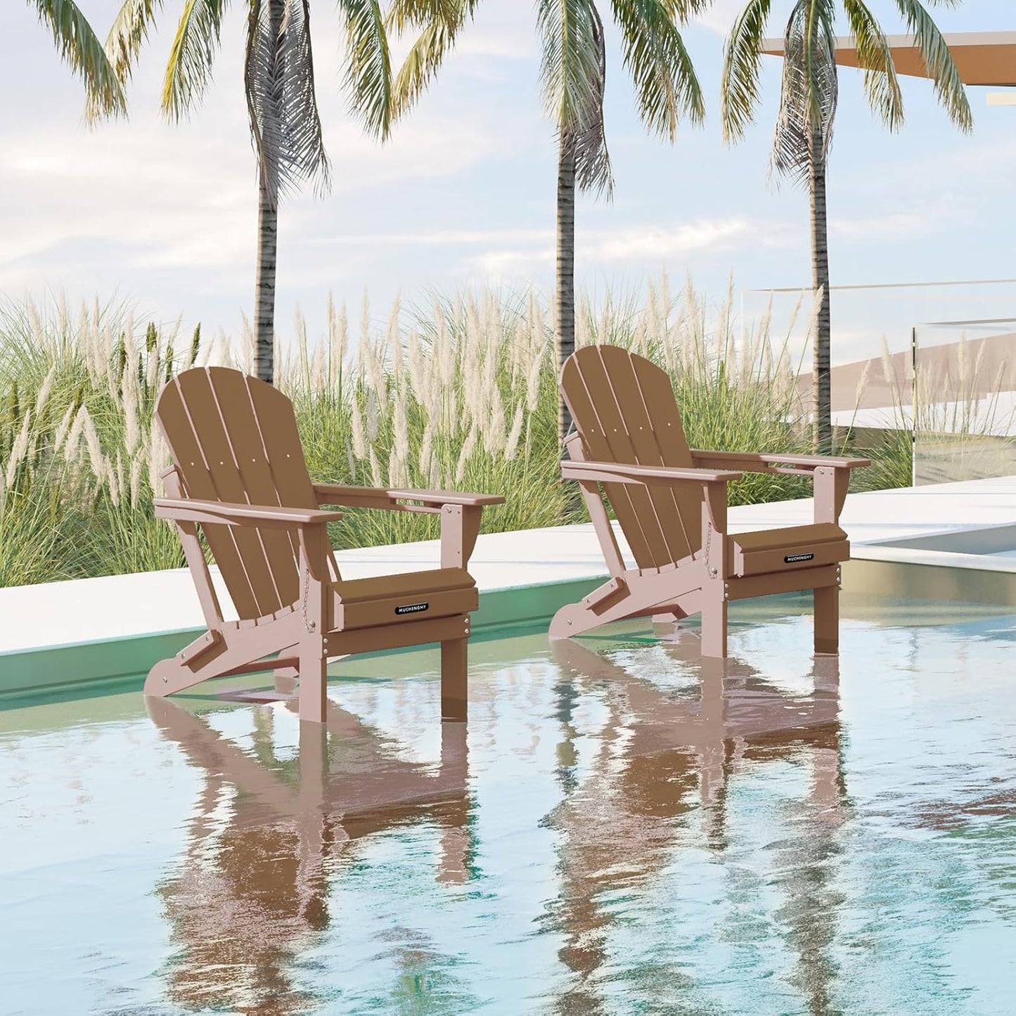 MUCHENGHY Folding Adirondack Chairs 4 Pack, Patio Chairs, Lawn Chairs, Outdoor Chairs, Adirondack Chair Plastic, Fire Pit Chairs, Weather Resistant with Cup Holder for Deck, Backyard, Garden(Teak)