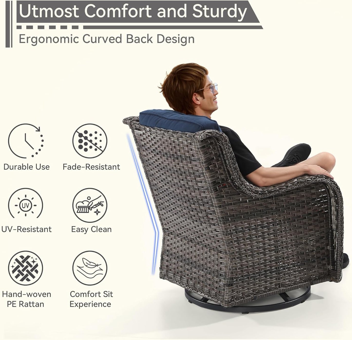 6 Pieces Outdoor Furniture Set - Patio Wicker Swivel Rocker Chair Set of 4 and 2 Side Table, Blue, Mixed Brown Rattan, Suitable for Porch, Yard