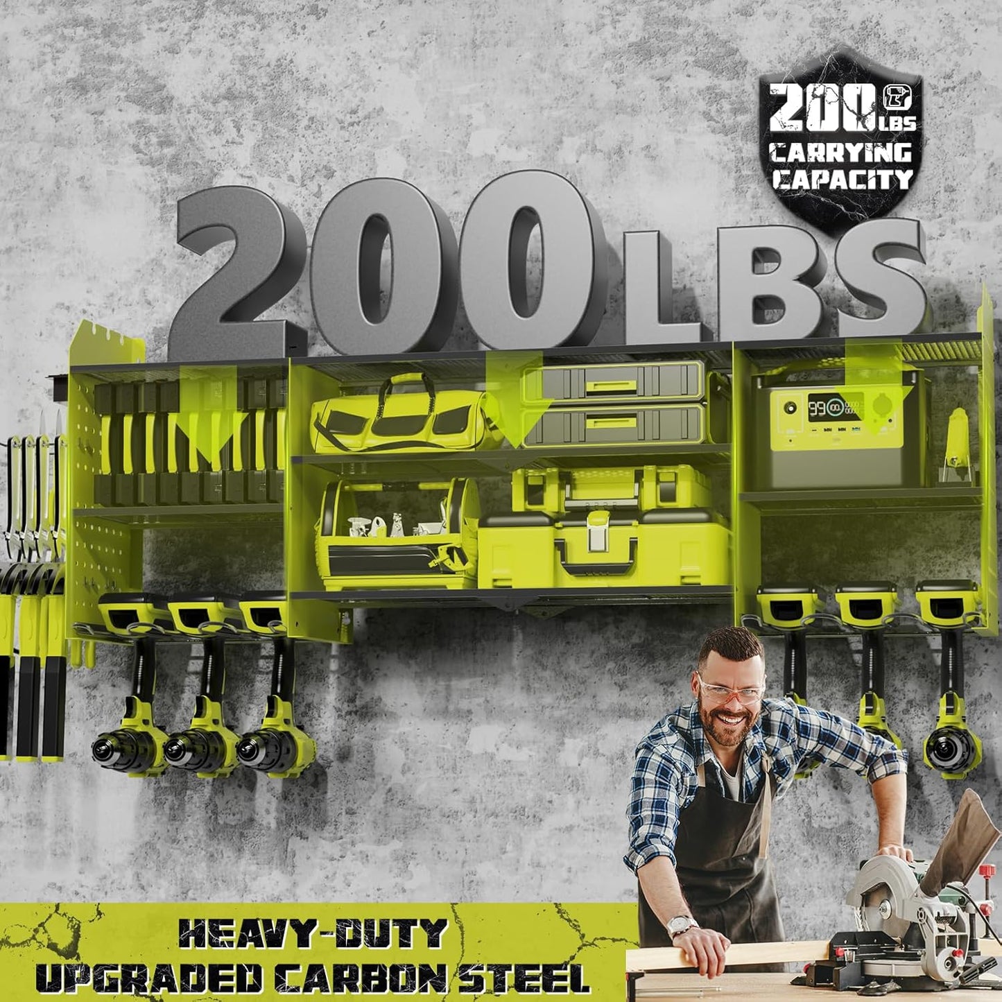 Power Tool Organizer Wall Mount with Charging Station, Expanded Width Tool Organizer for Garage Organization Max. 200lb Load, Heavy Duty Cordless Drill Holder with Outlet Power Strips