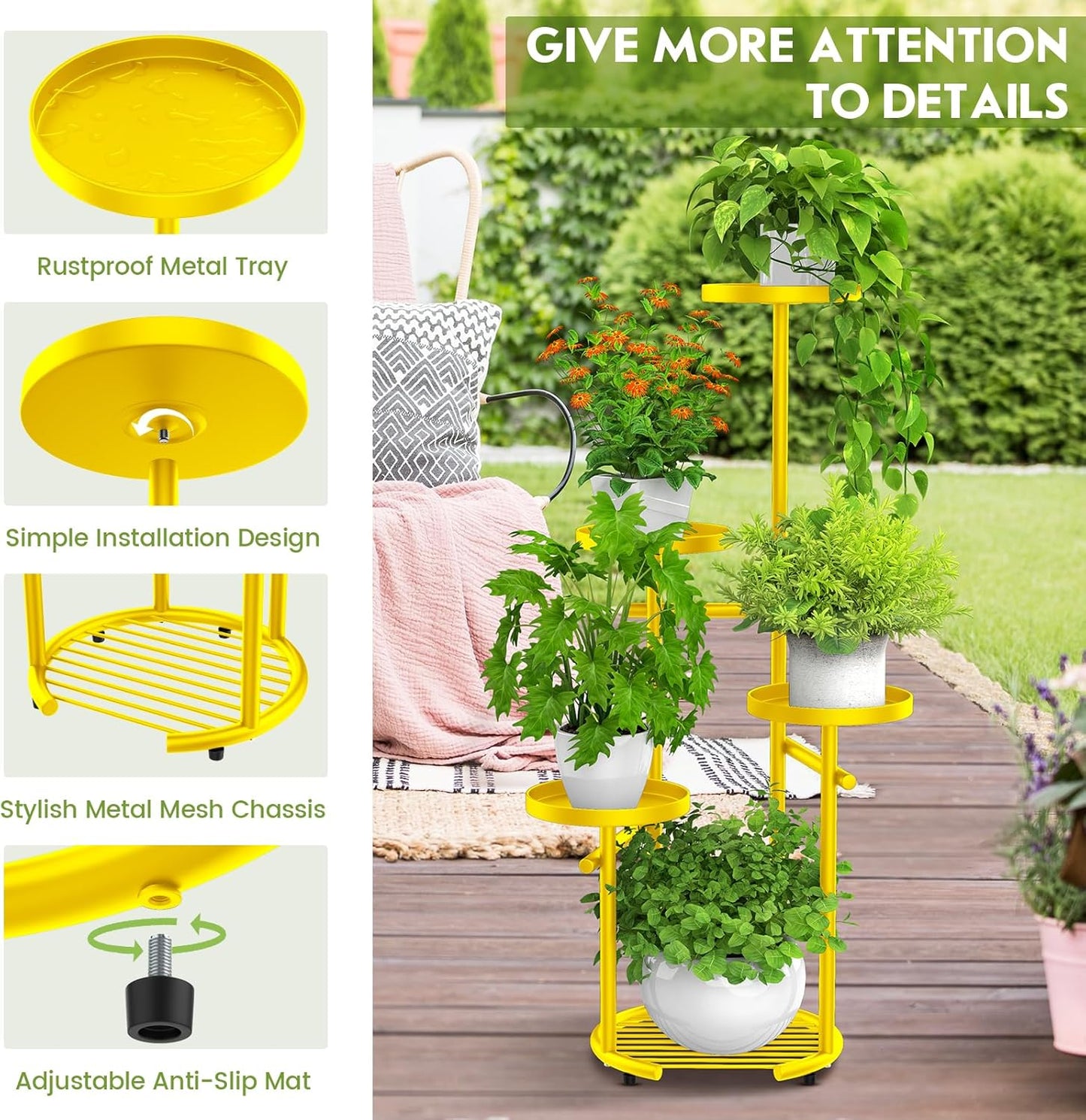 TOSKING 5 Tier Metal Plant Stand Indoor, Plant Shelf, Corner Shelf Flower Pot Stand for Outdoor Plant Stand for Living Room Balcony Garden Patio Bedroom (5Tier-37''-yellow)