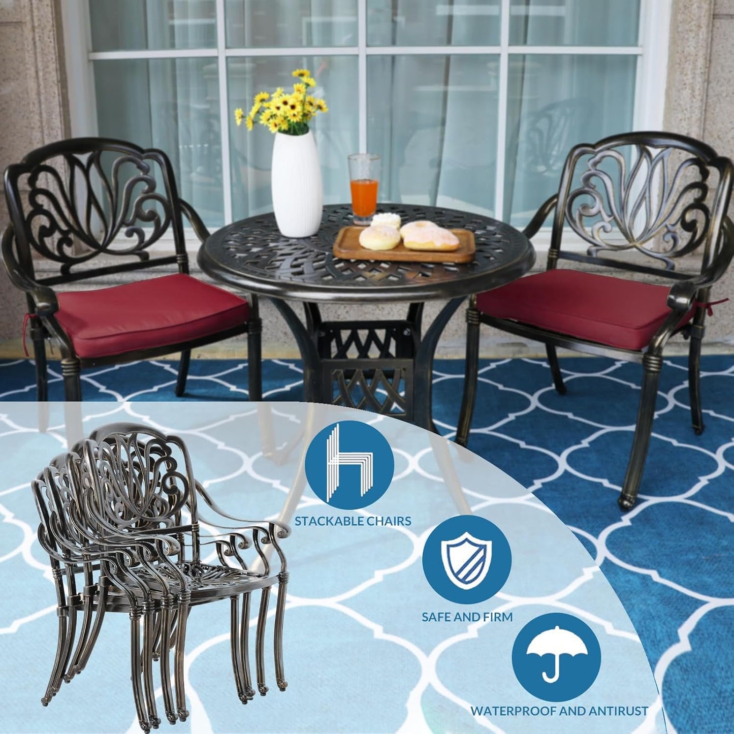 MEETWARM 3 Piece Patio Bistro Set, Outdoor All-Weather Cast Aluminum Dining Furniture Set Includes 2 Cushioned Chairs and a 31” Round Table with Umbrella Hole for Garden Deck, Chili Red