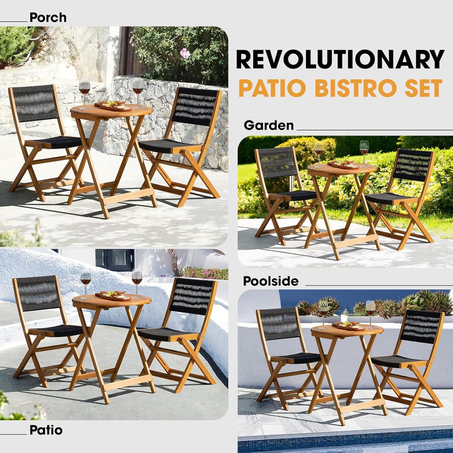 IDZO Wood Rope Design Heavy Duty 400lbs Capacity Patio Bistro Set 3 Piece Outdoor, Black