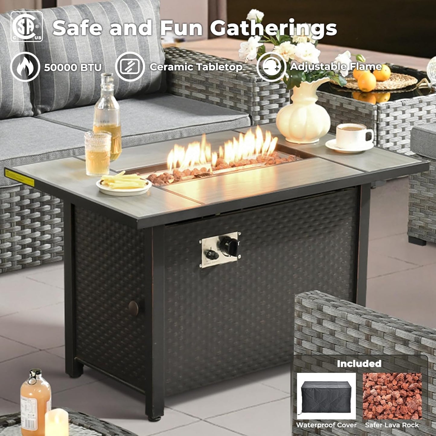 ovios 9 Pieces Patio Furniture Set, Outdoor Wicker Sectional Sofa with 42" Firepit Table Swivel Chair, Modern Modular Deep Seat Rattan Couch Conversation Sets, Dark Gray Stripe