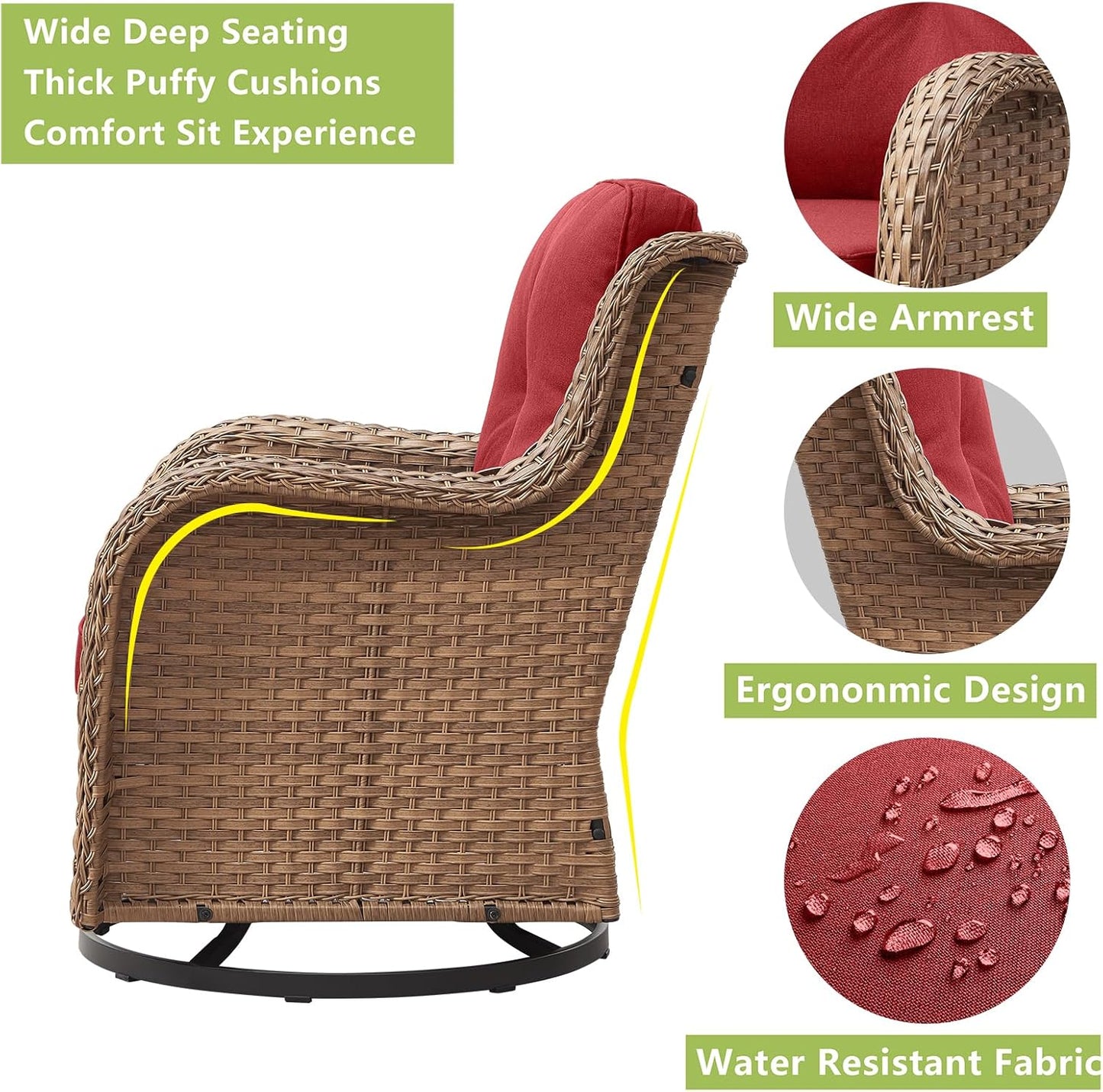 Outdoor Wicker Patio Furniture Set - 5 Piece Rattan Patio Conversation Set with 2 Rocking Swivel Chairs,2 Ottomans and 1 Loveseat for Porch Deck Backyard Garden(Yellow/Red)