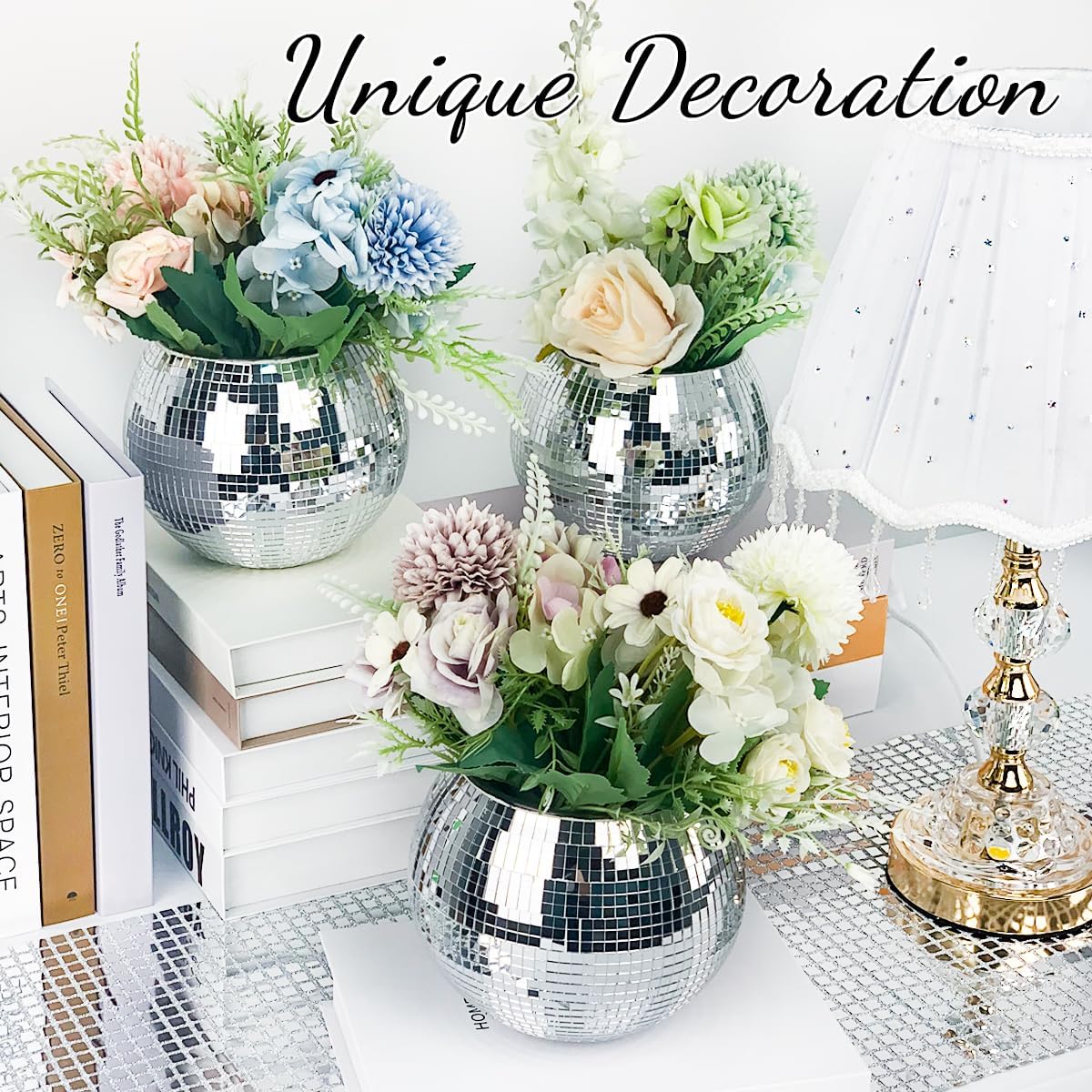 2 Pcs Disco Ball Vase, 5 x 6 Inch Mirrored Disco Ball Planters Perfect for Decorative Living Room, Bedroom, Dining Table, Wedding, Party, Birthday
