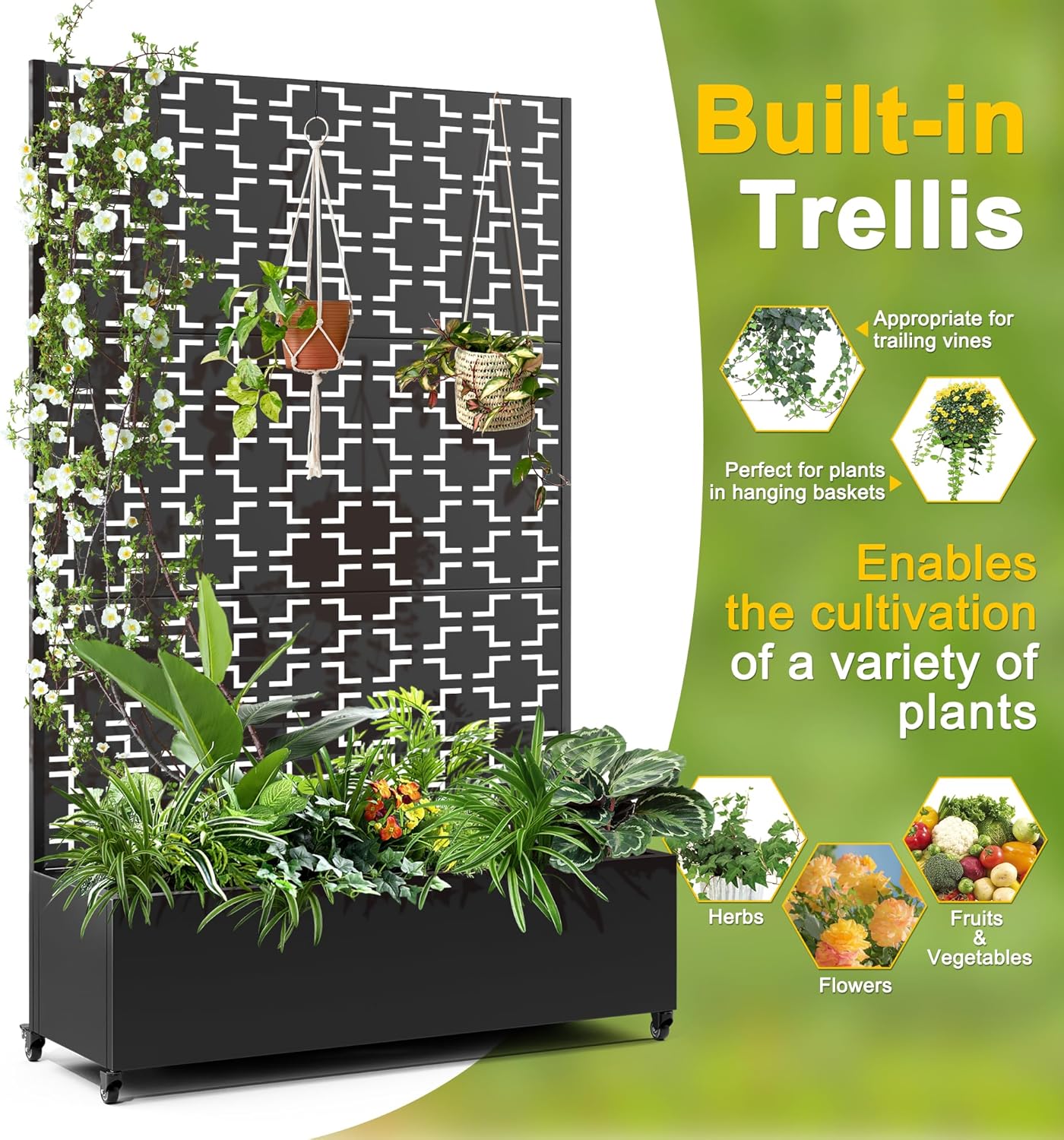 FENCY Metal Raised Garden Bed with Wheels and Trellis,73"x47"x16" Planter Box for Climbing Plants, Vegetables & Vines, Features Privacy Screen and Drainage Holes (Black-Square)