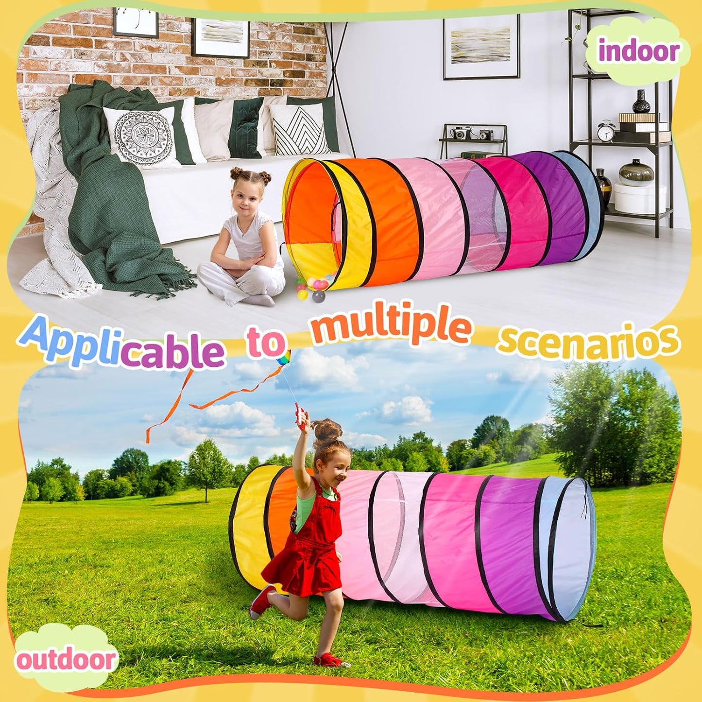 27.6 Inch Large Play Tunnel for Kids Pop Up Play Tunnel Tent Colorful Crawl Tunnel for Toddlers Babies Children or Dogs, Collapsible Gift for Boy Girl Tunnel Toys Indoor Outdoor (2 Pcs)