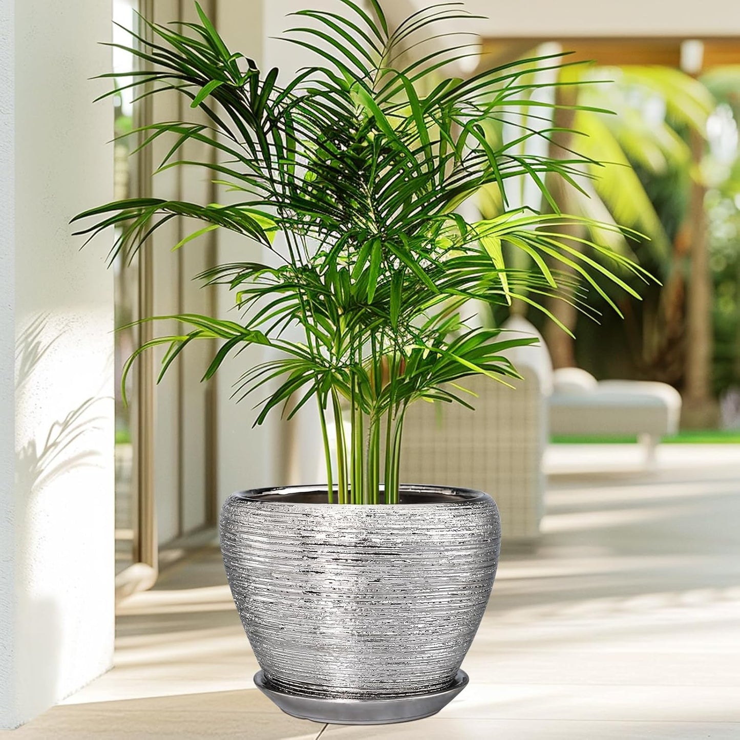 Pot for Plants 8 Inch - Ceramic Plant Pot Indoor with Drainage Hole and Saucer Decorative Planter for Indoor Plants Modern Round Flower Pot for Home Decor Silver