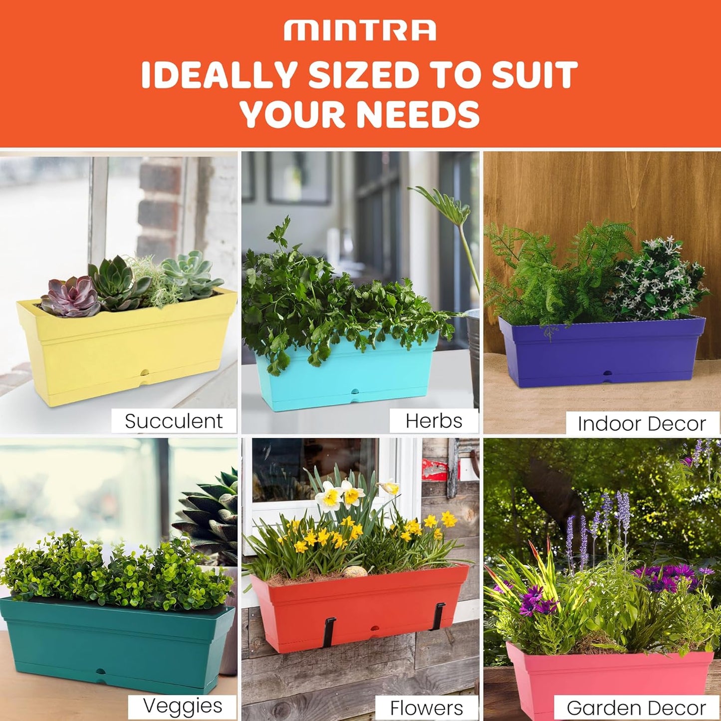 Mintra Window Box Planter, Window Planter Box for Indoor Outdoor Use, Rectangular Pots with Saucers & Drainage Holes, Decorative Plant Pots for Window Sill, Shelf, Desktop, 19" Wx6.75 H, Red