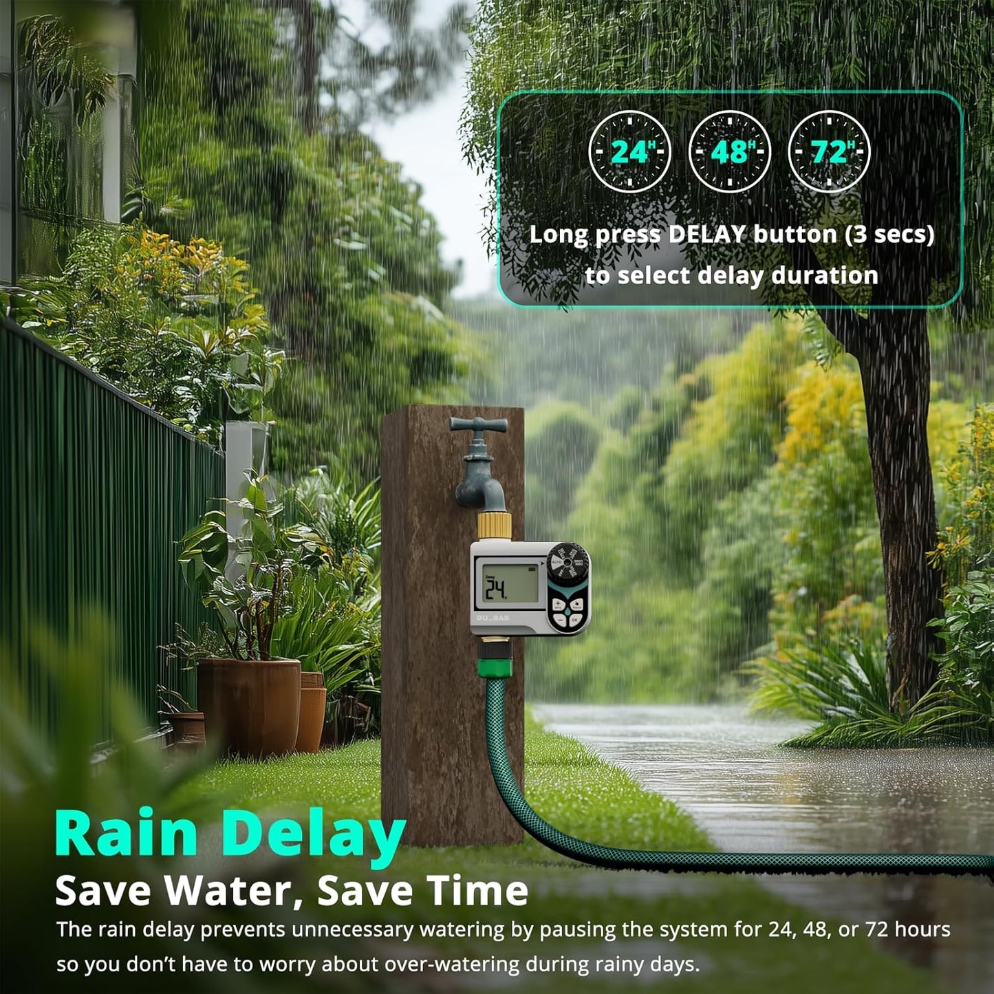 QUOBAS Low Pressure Sprinkler Timer with Brass Inlet & Outlet, Water Timer for Garden Hose, Rain Delay, Manual/Automatic Watering, Ball Valve System Compatible with Rain Barrel