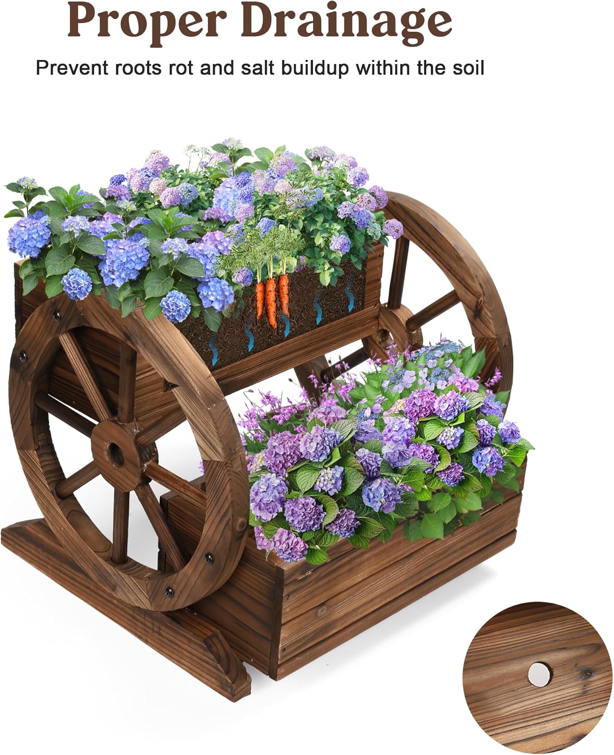 Wooden Wagon Planter Box, Garden Planter with Wheels,Decorative Planter for Flowers Herbs Vegetables for Indoor & Outdoor Décor, Flower Cart for Patio Garden Balcony