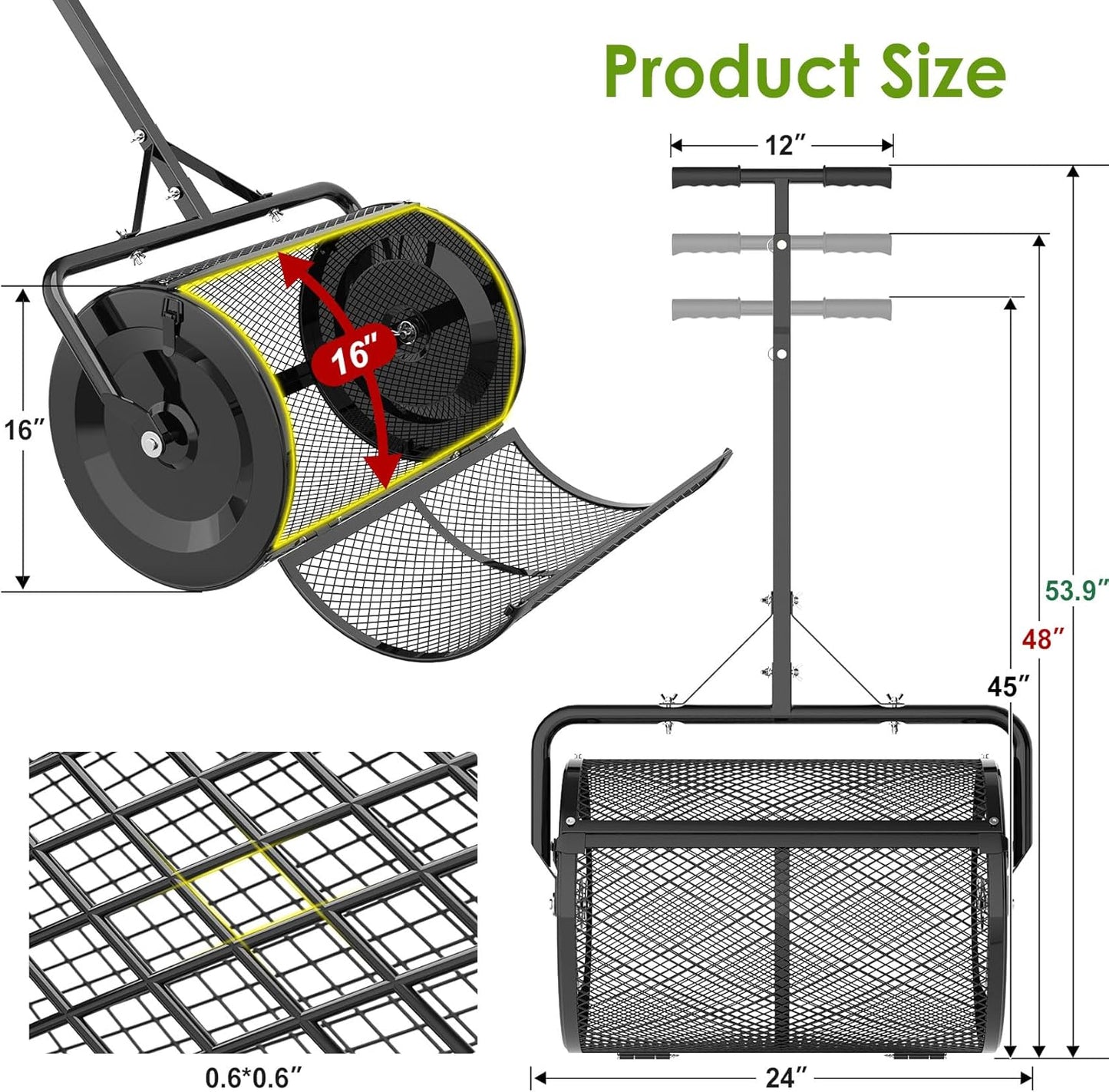 Seeutek Compost Spreader, 24" Peat Moss Spreader with 3 Heights, Top Soil Spreader W/Upgraded Side Latches Support Rod Powder Coated Metal Mesh Top Dressing Spreader for Lawn, 2 Way Uses-Push or Tow